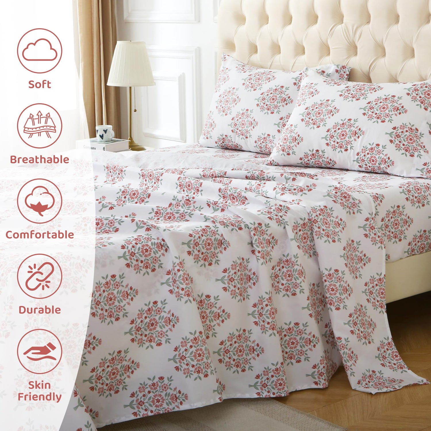 4 Piece Clusters of Red Flowers Green Leaves Patterned Bed Sheets Set