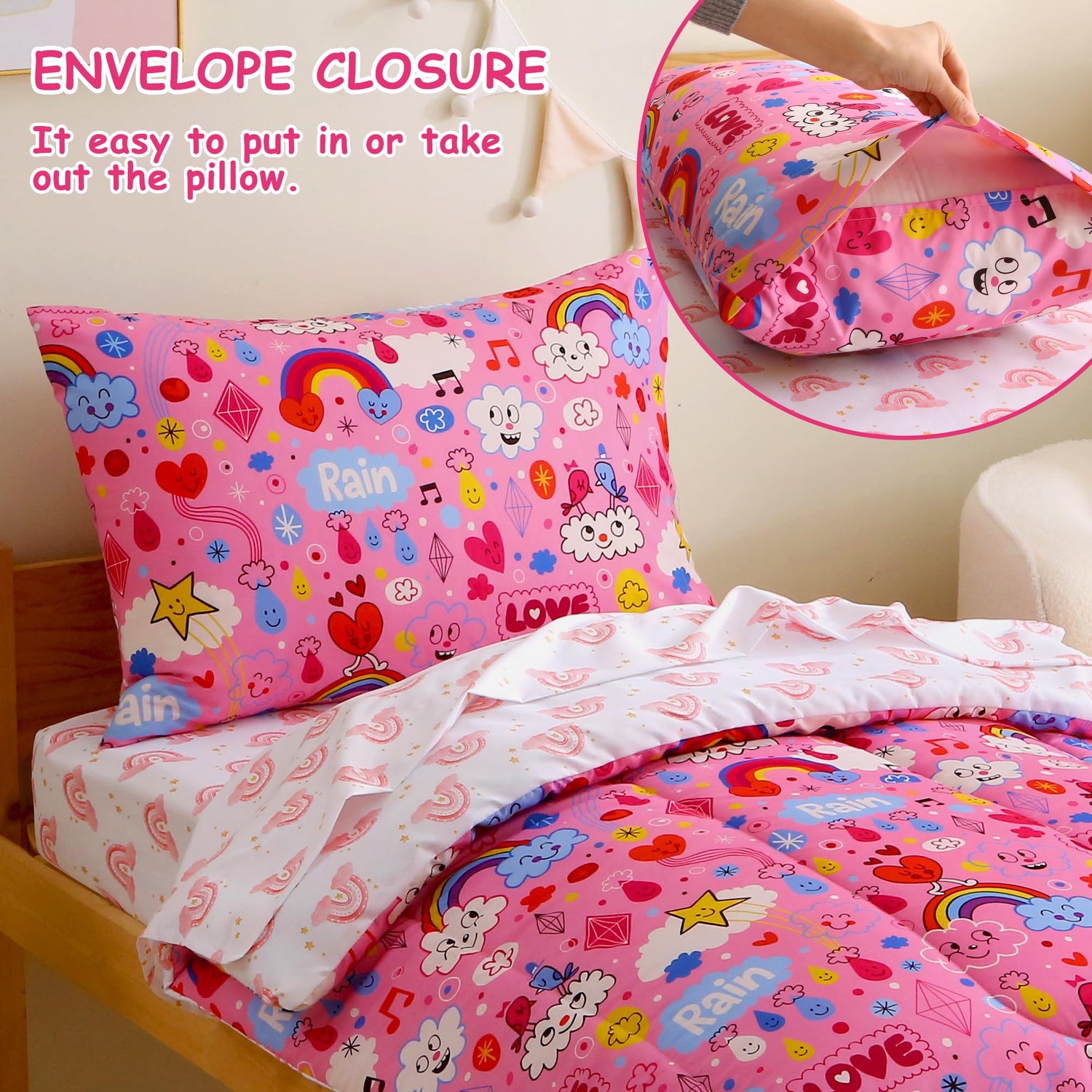 Pink Rainbow Cloud Toddler Comforter Set– 4 Piece