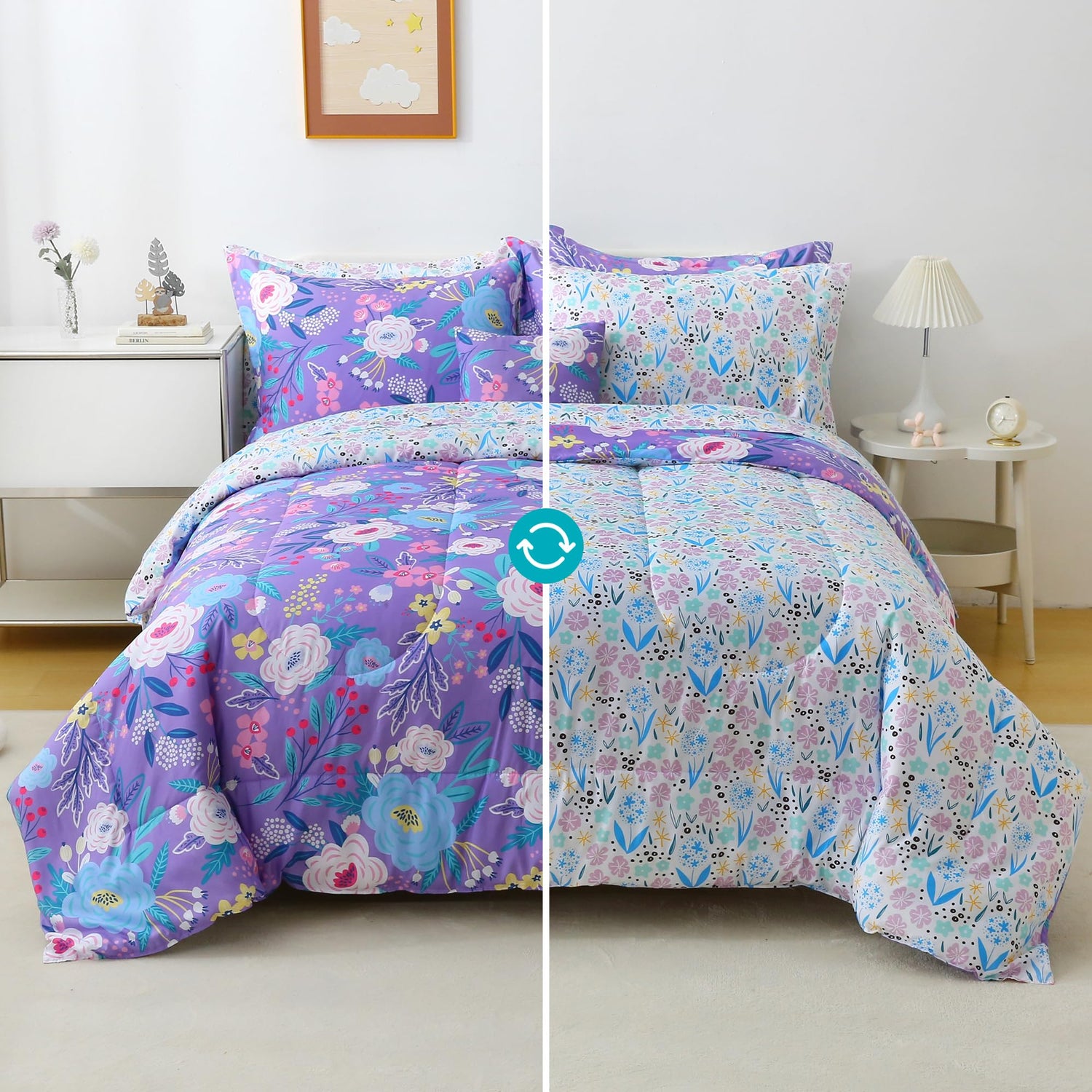 Purple Floral 6/8 Pcs Comforter Sets for Boys Kids