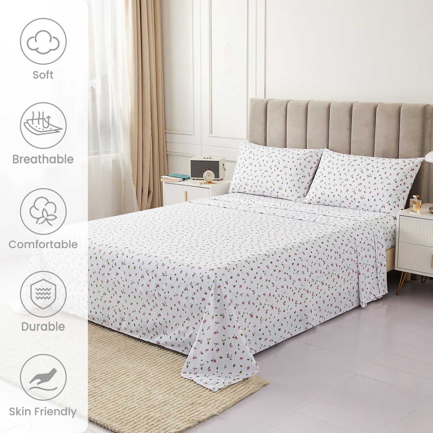 4 Piece Pink Floral Patterned Bed Sheets Set