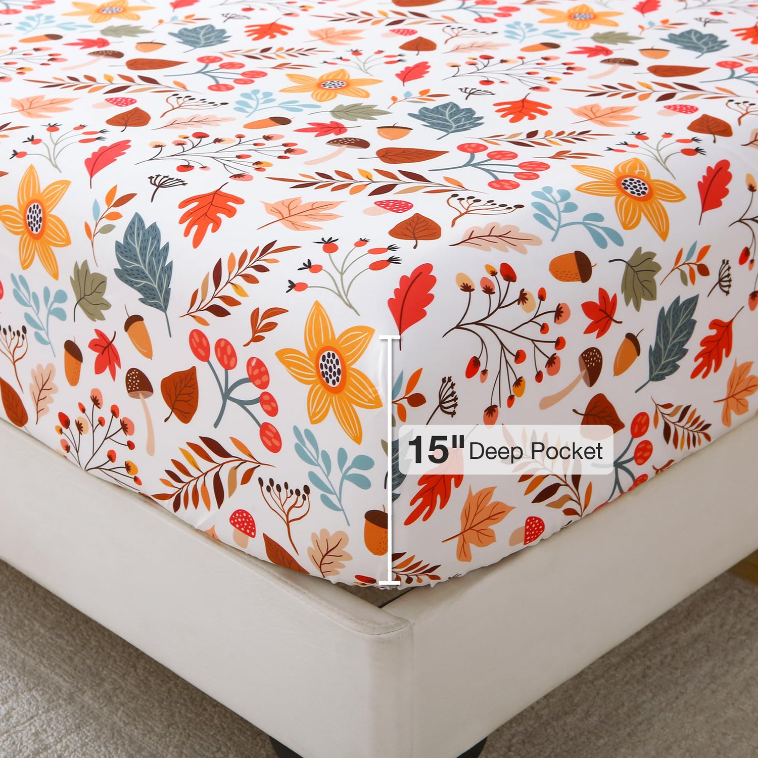 4 Piece Vintage Nuts & Fallen Leaves Patterned Bed Sheets Set