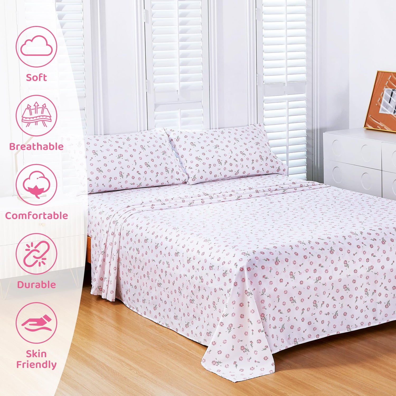 Pink Daisy Patterned Bed Sheets Set