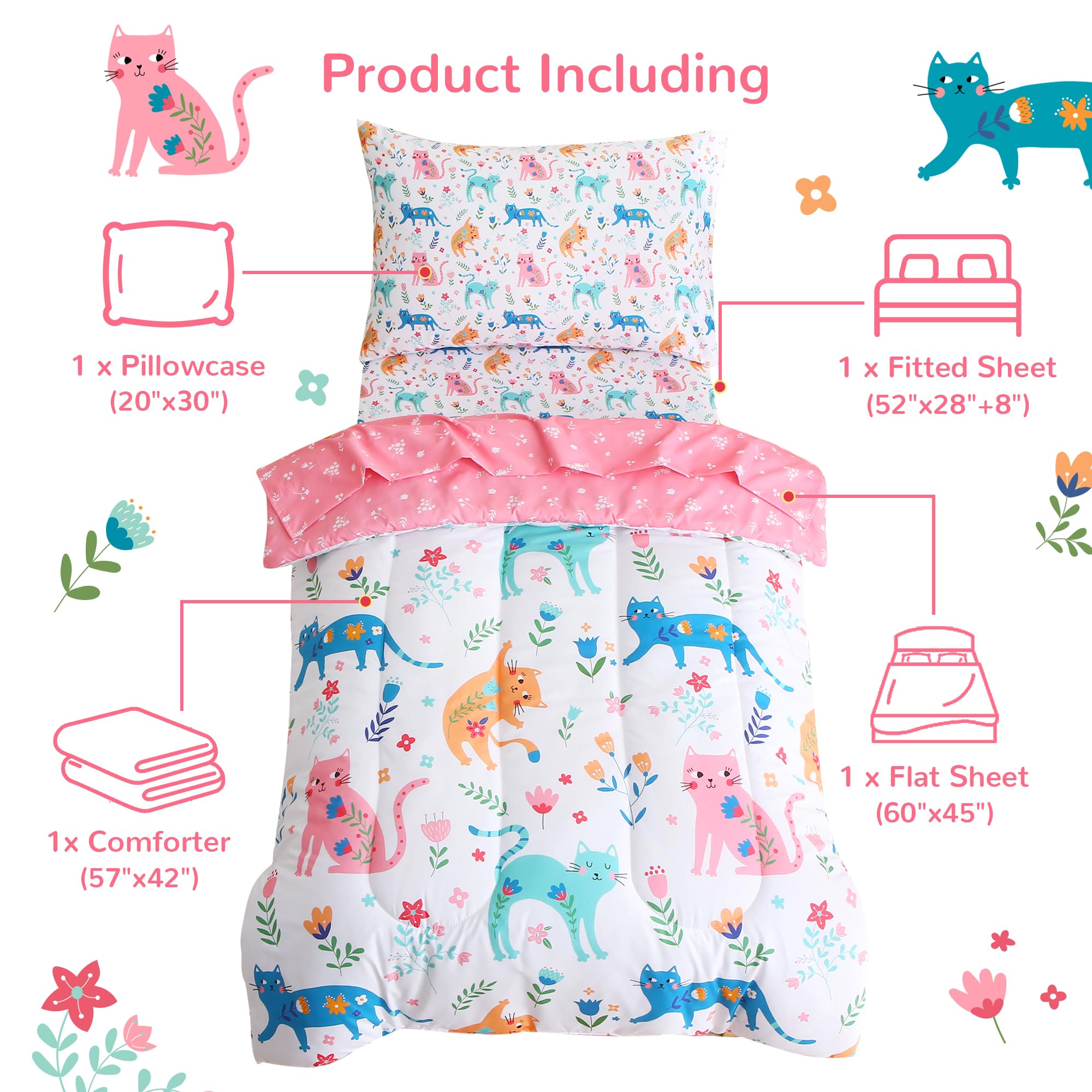 Floral Cat Toddler Comforter Set– 4 Piece