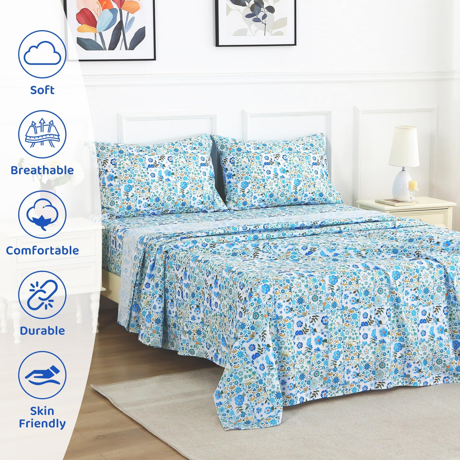 Blue Green Floral Patchwork Patterned Bed Sheets Set