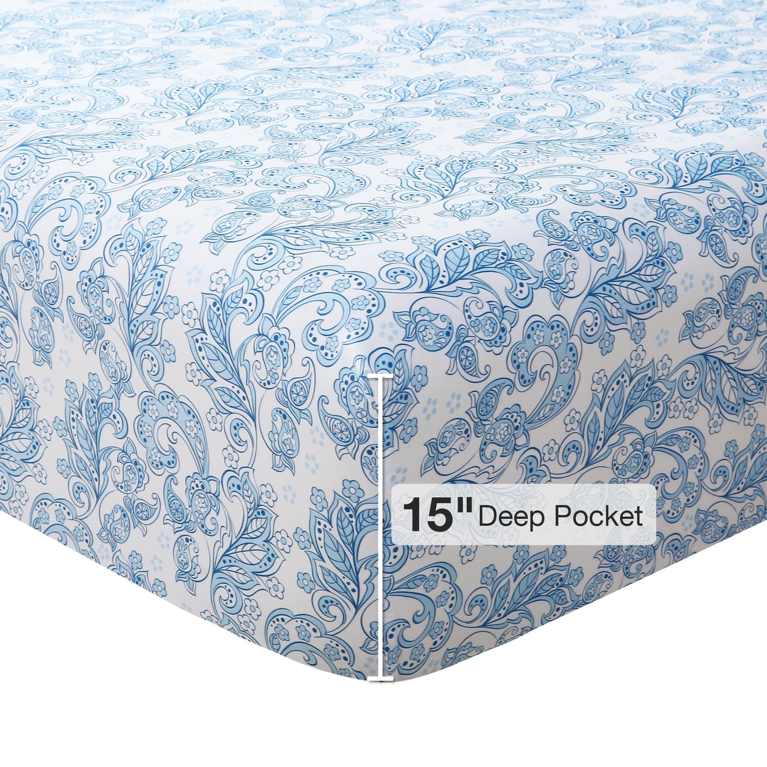 4 Piece Vintage Blue Paisley Flower Patterned Bed Sheets Set