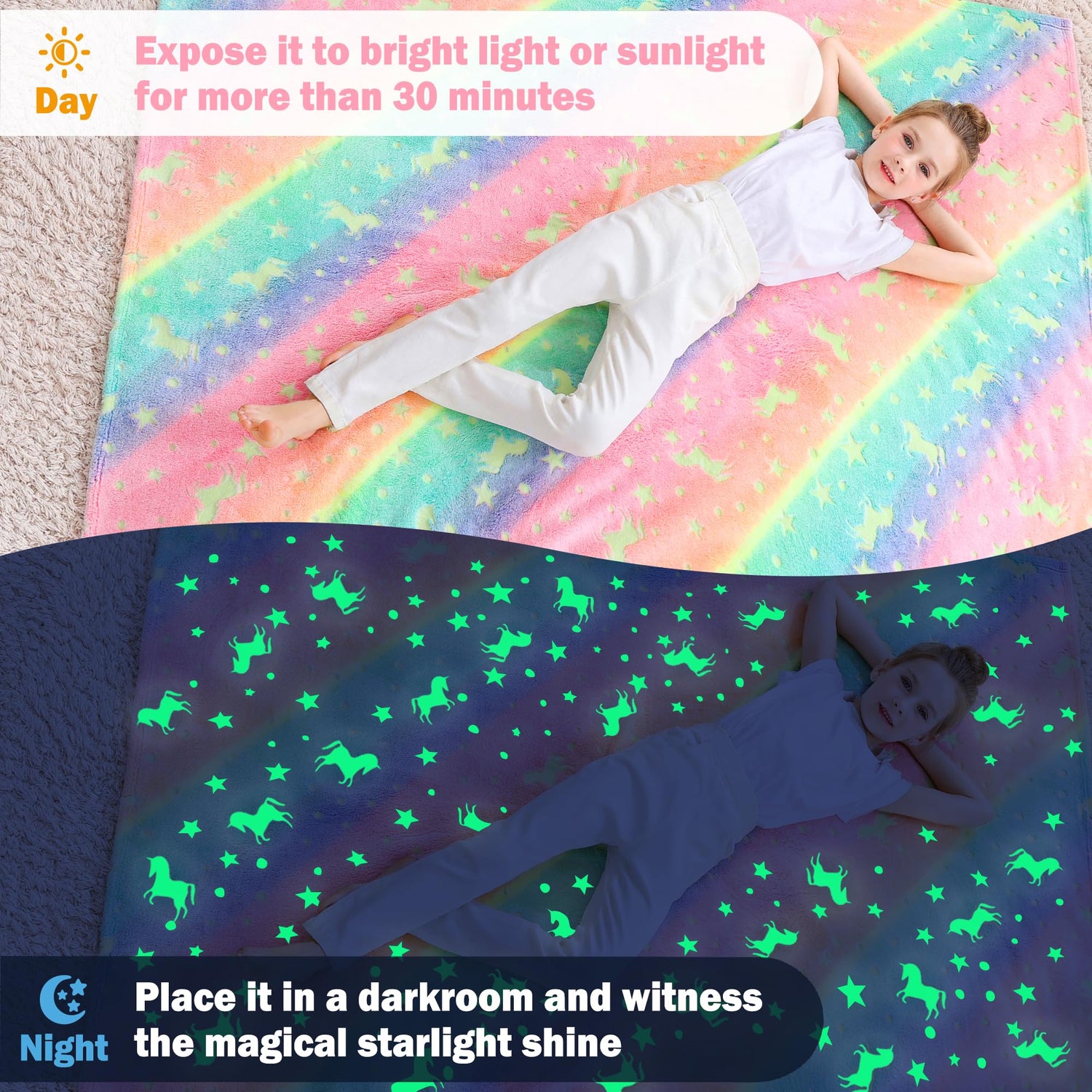 Multicolor Glow Unicorn Kids Throw Blanket for Boys and Girls Soft Cozy Flannel