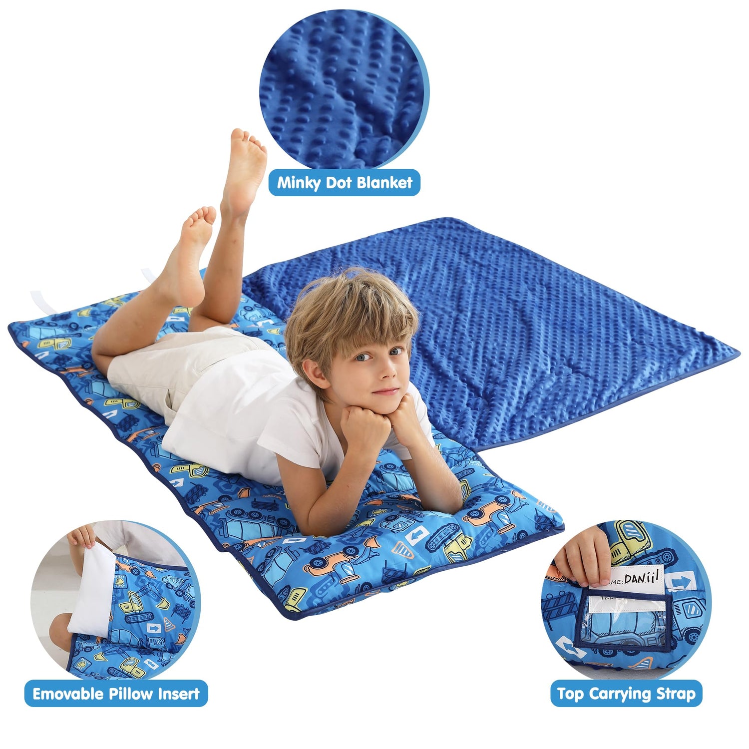 Blue Car Toddler Nap Mat with Pillow and Blanket