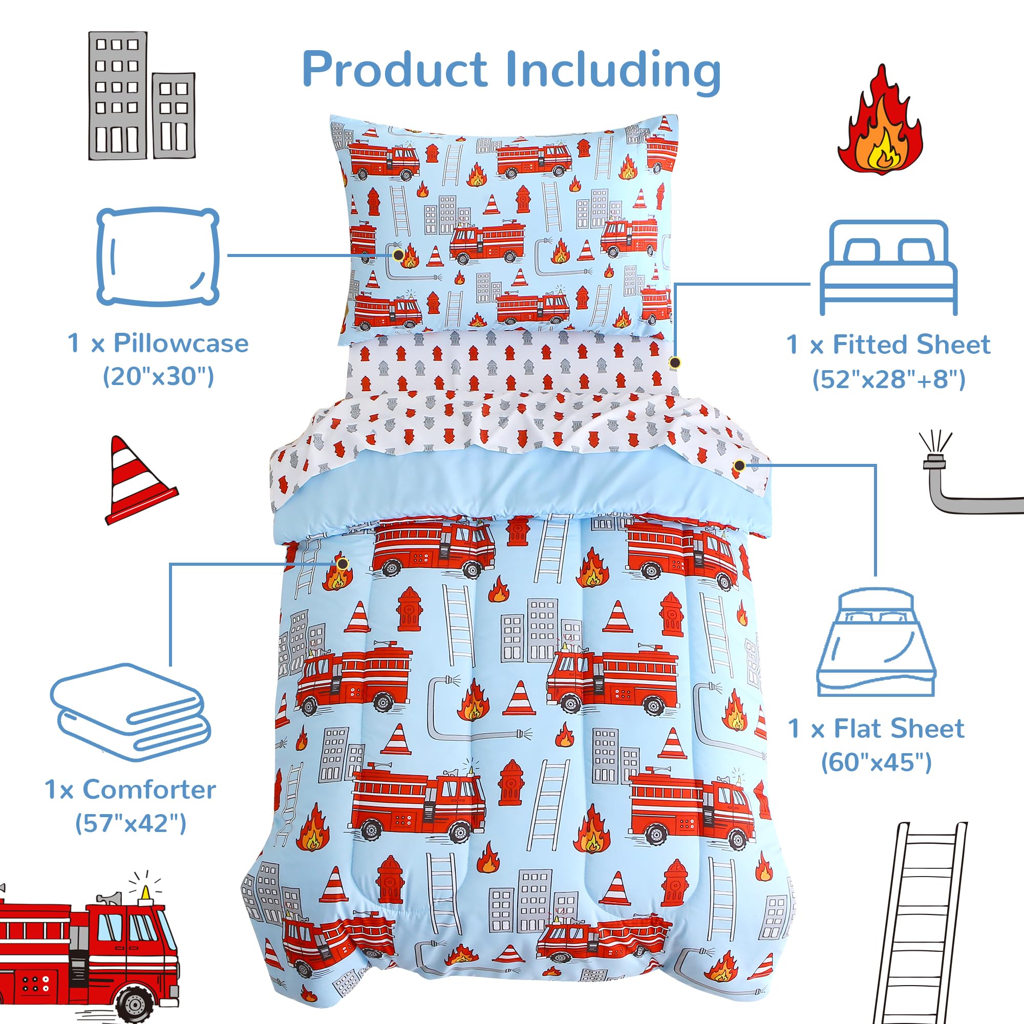 Blue Fire Truck Toddler Comforter Set– 4 Piece