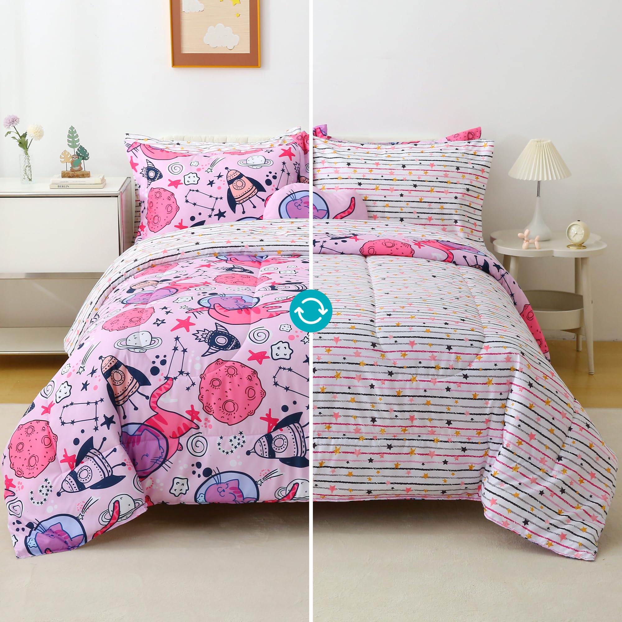 Pink Space Cat Comforter Sets for Kids– 6 or 8 Piece Options