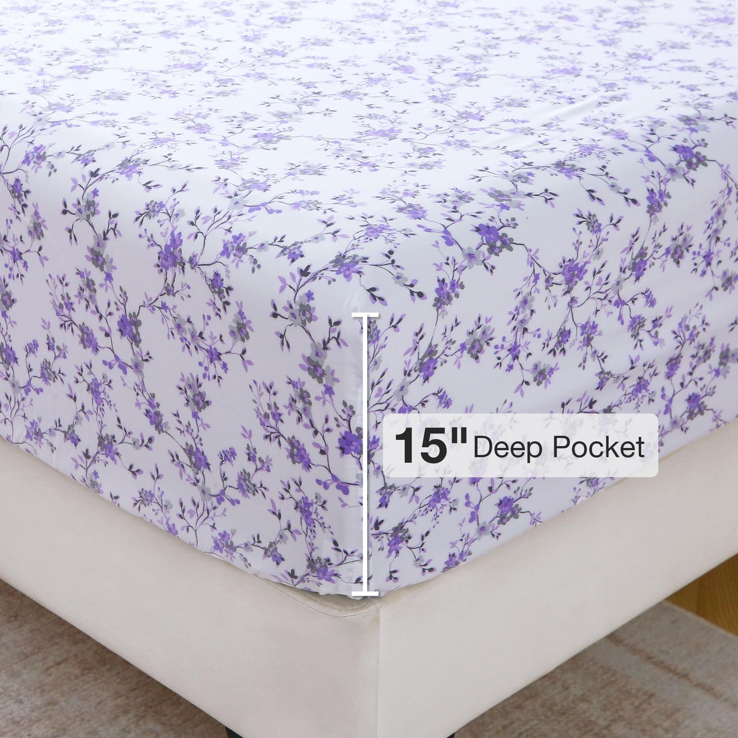 4 Piece Vintage Purple Flower2 Patterned Bed Sheets Set