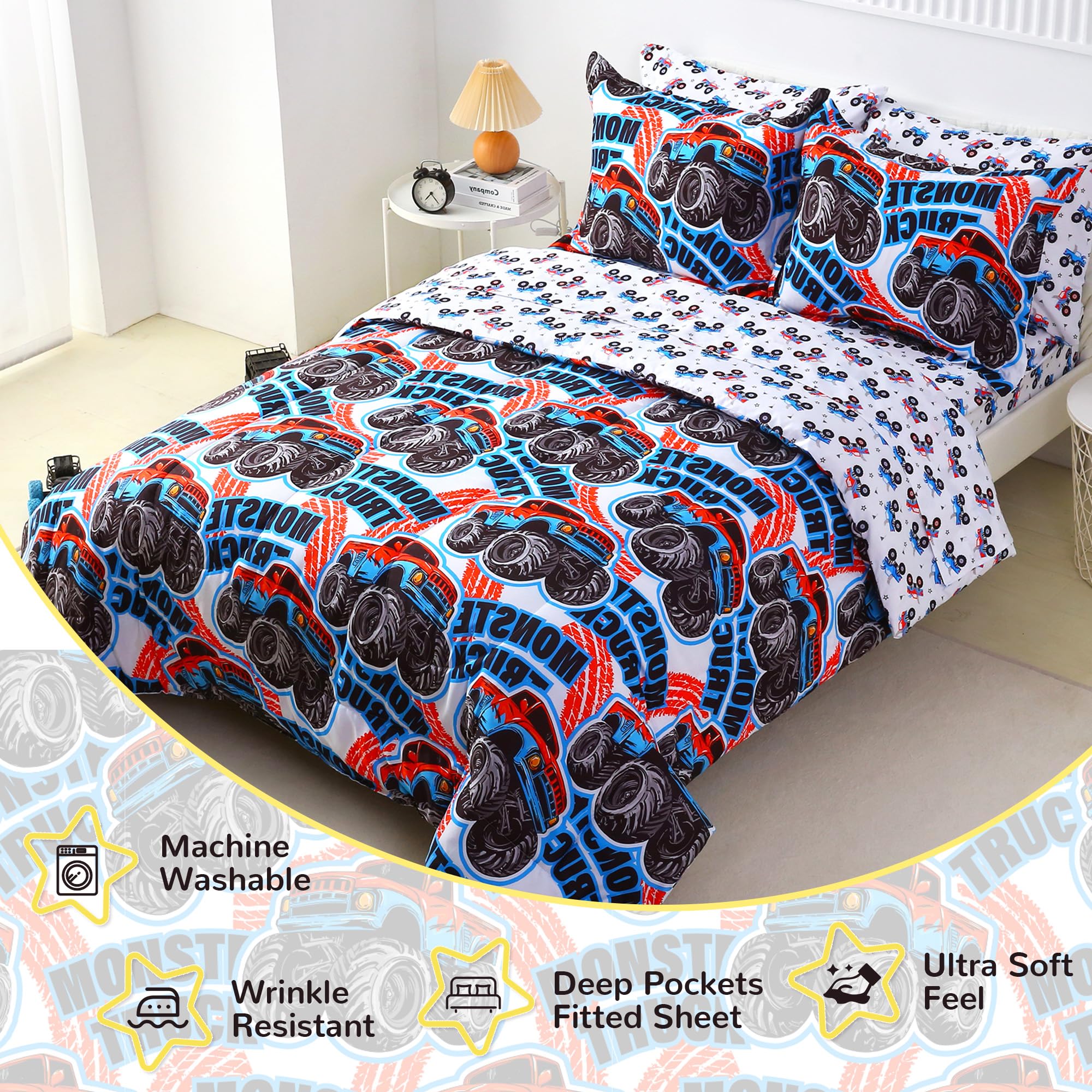Monster Truck Kids Comforter Sets– 5 or 7 Piece Options