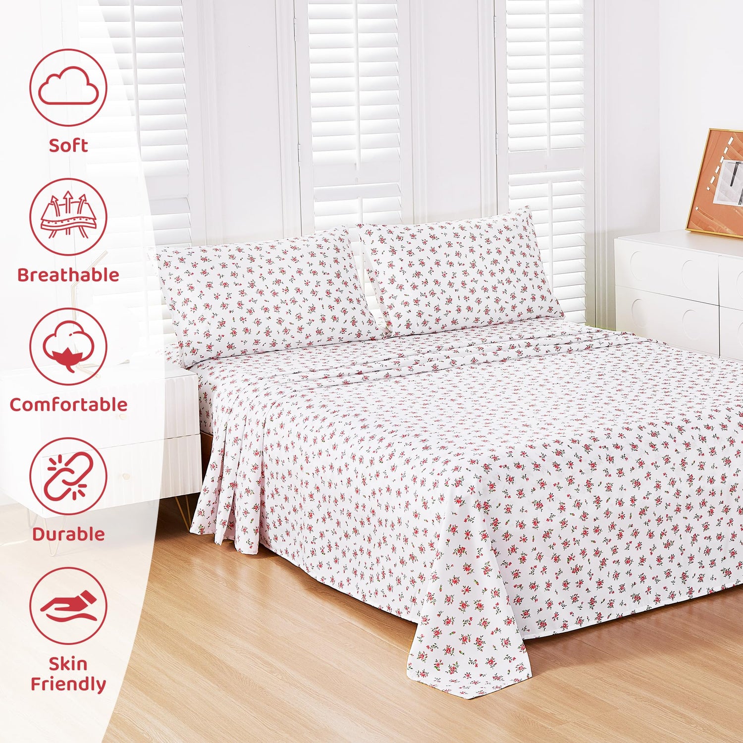 4 Piece Red Rose Patterned Bed Sheets Set