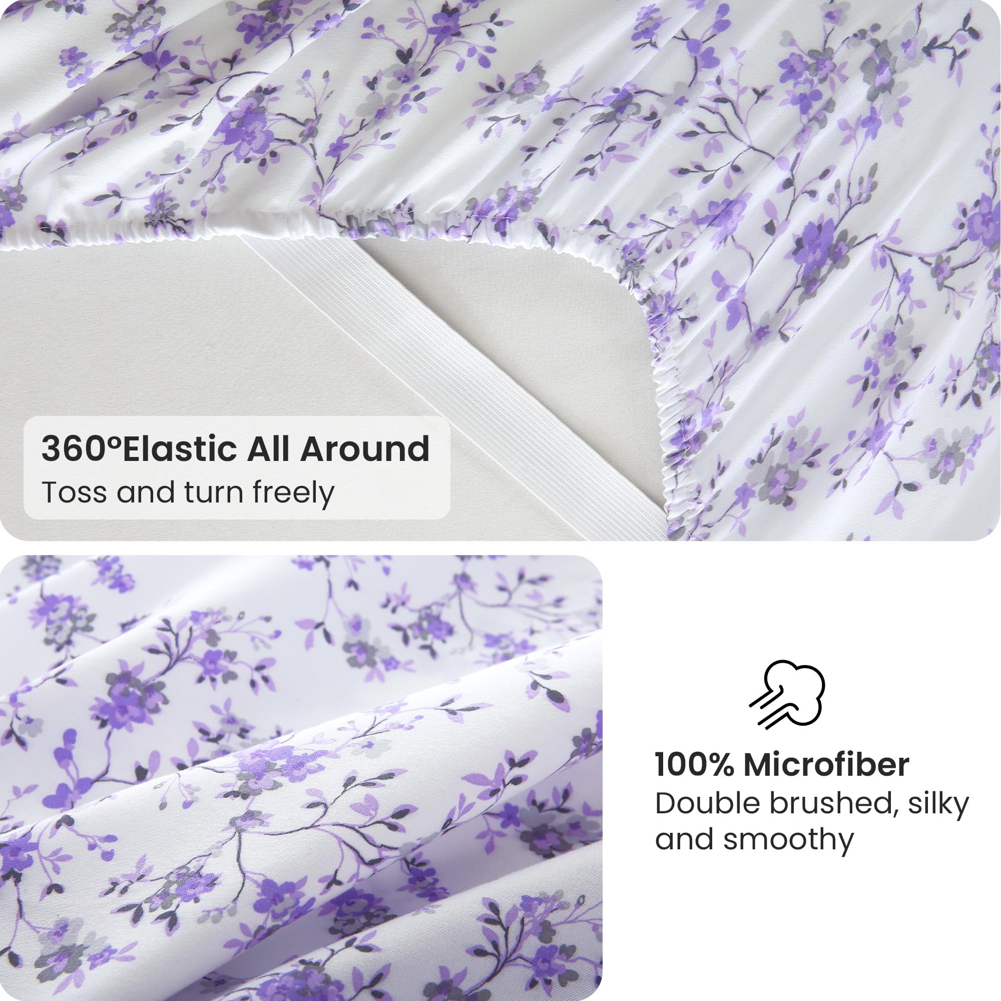 4 Piece Vintage Purple Flower2 Patterned Bed Sheets Set