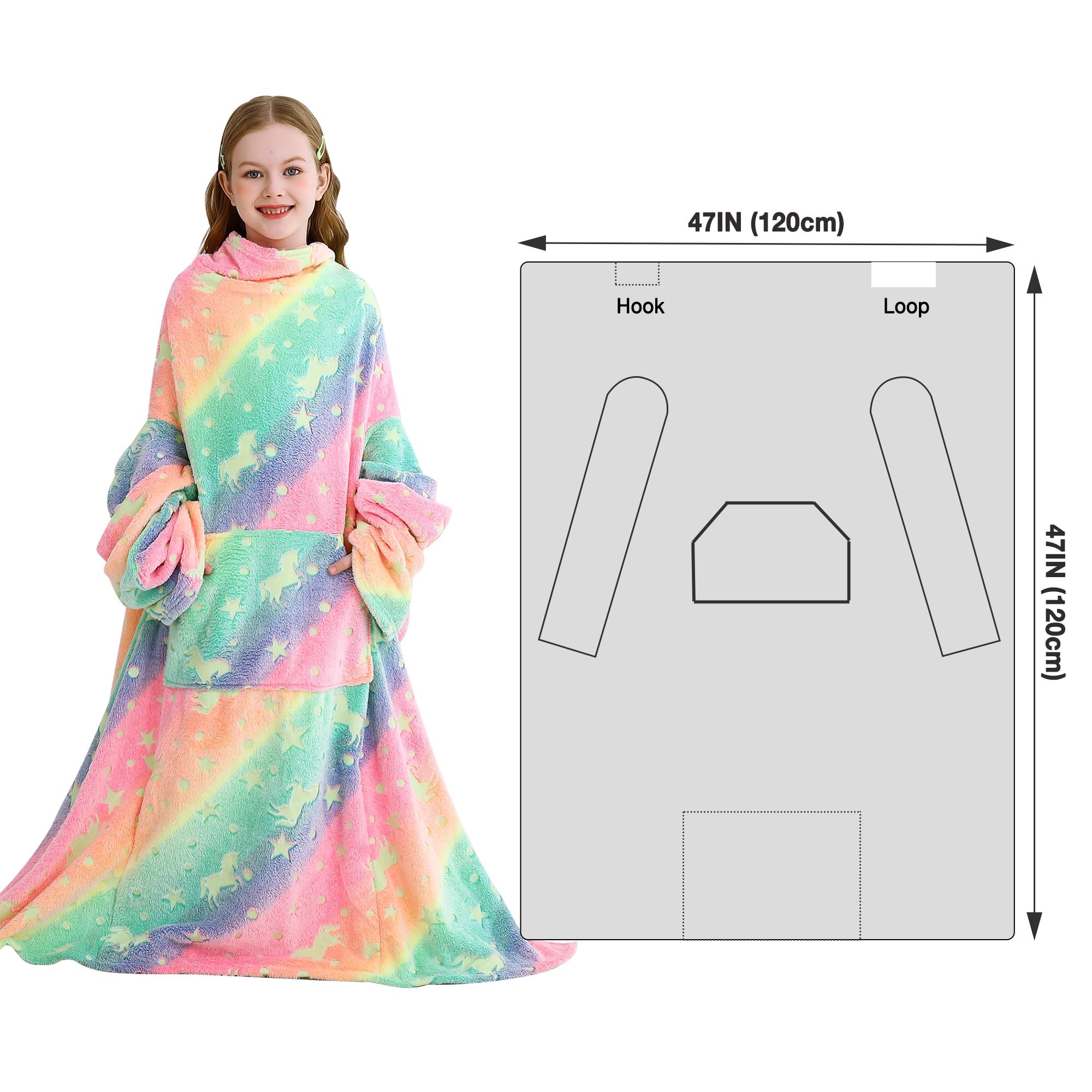 Colorful Unicorn Kids Wearable Fleece Blanket with Sleeves & Foot Pocket