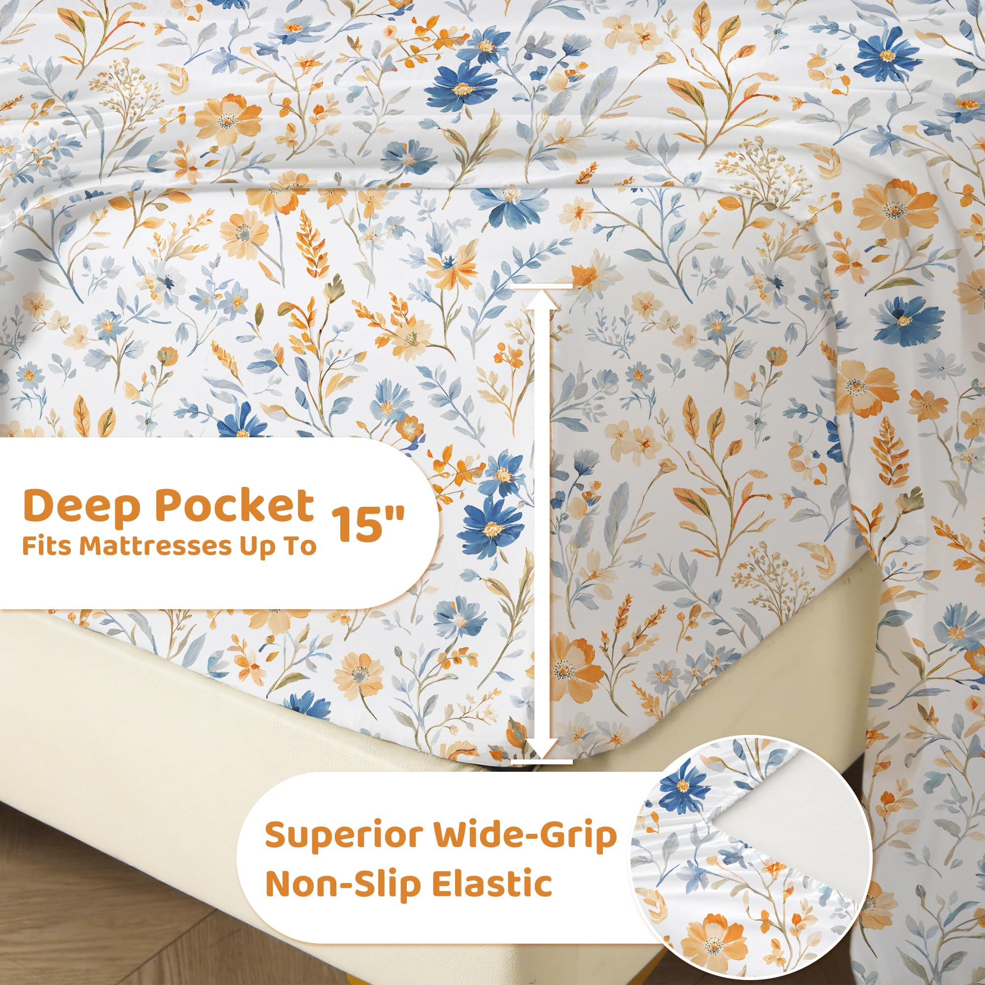 4 Piece Blue Yellow Flower Patterned Bed Sheets Set