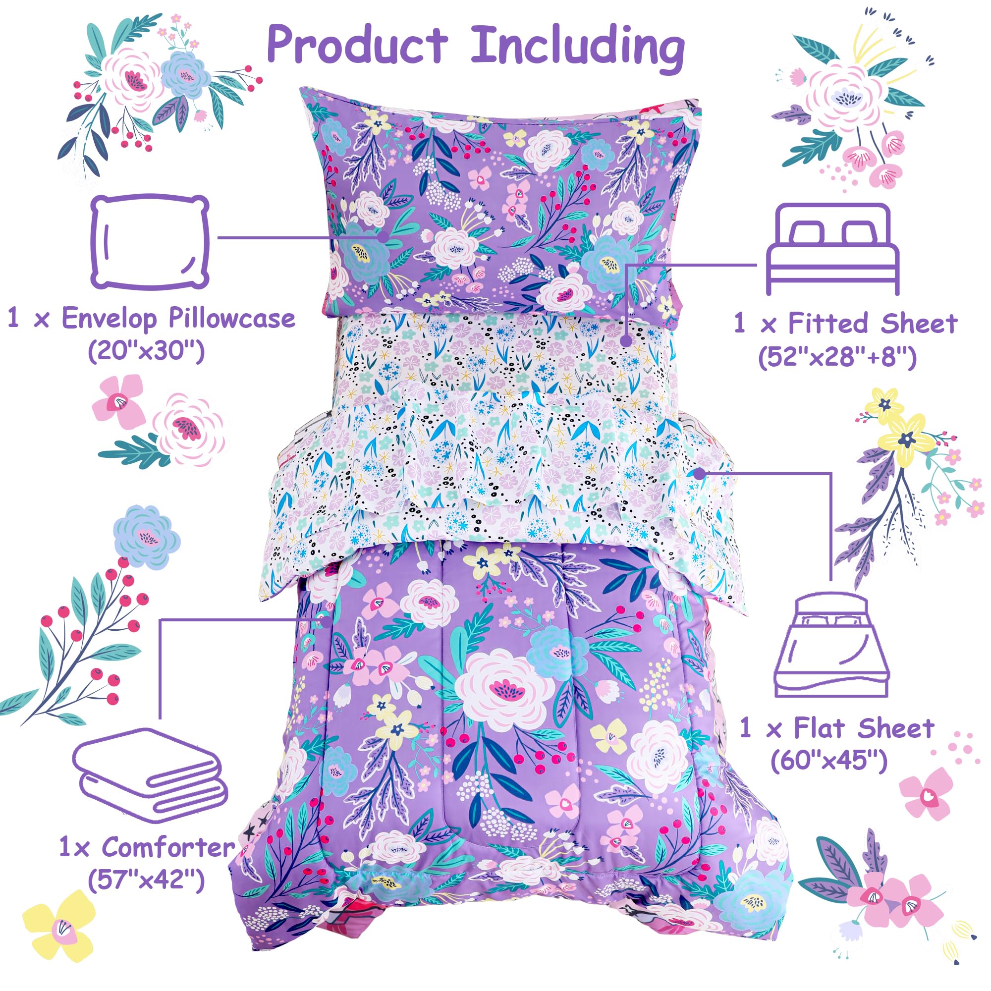Purple Flower Toddler Comforter Set– 4 Piece