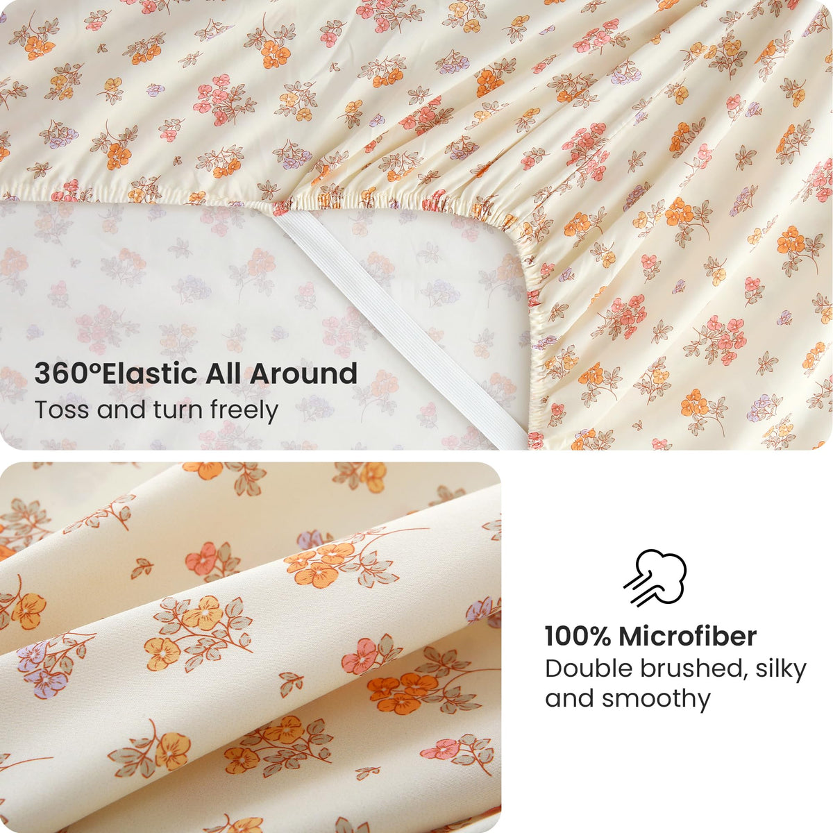 Warm Orange Pink Blossom Bed Sheet Set Deep Pocket Double Brushed Microfiber