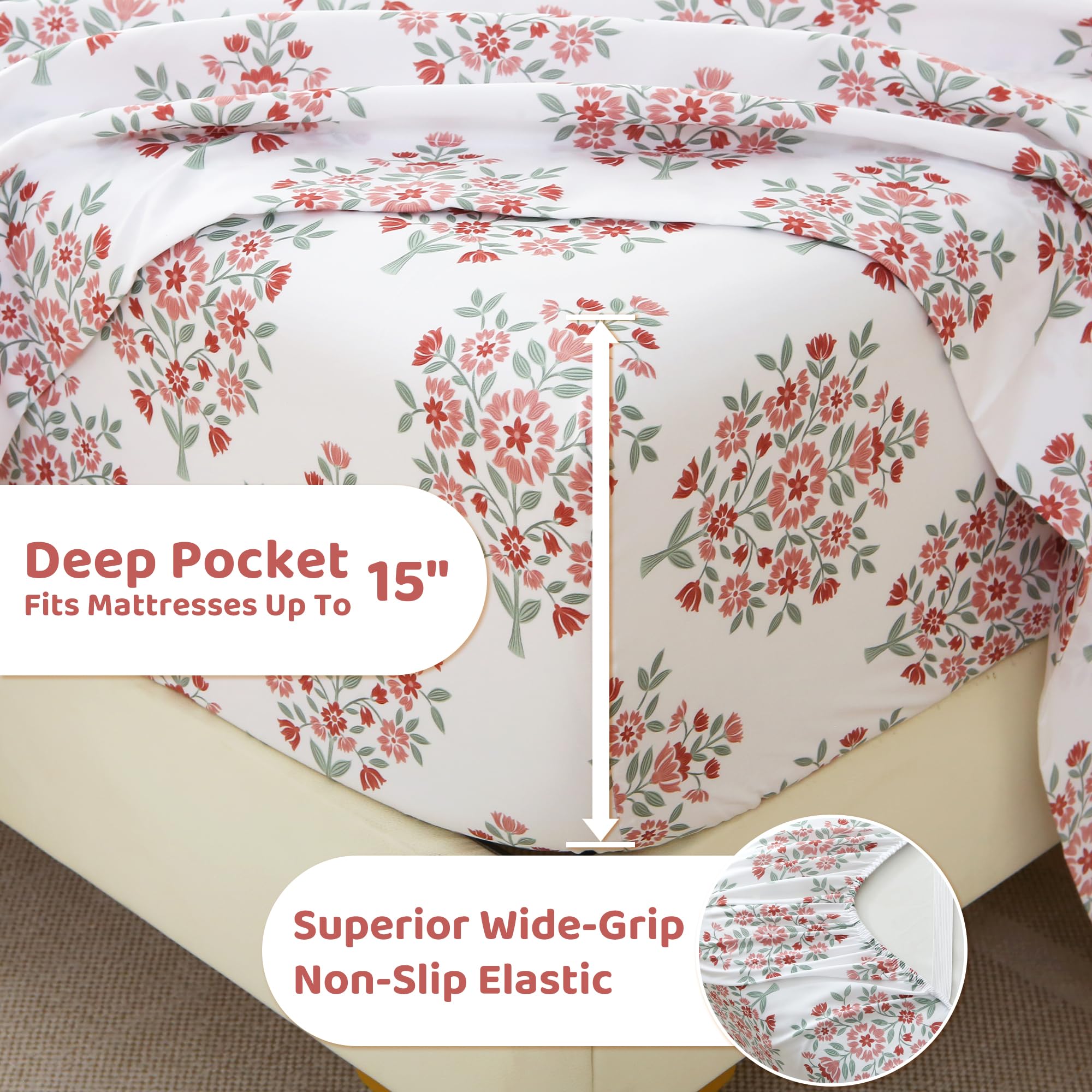 4 Piece Clusters of Red Flowers Green Leaves Patterned Bed Sheets Set