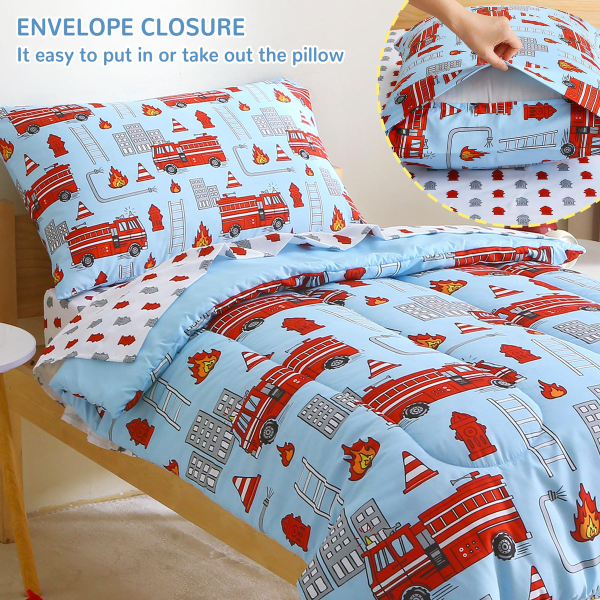 Blue Fire Truck Toddler Comforter Set– 4 Piece