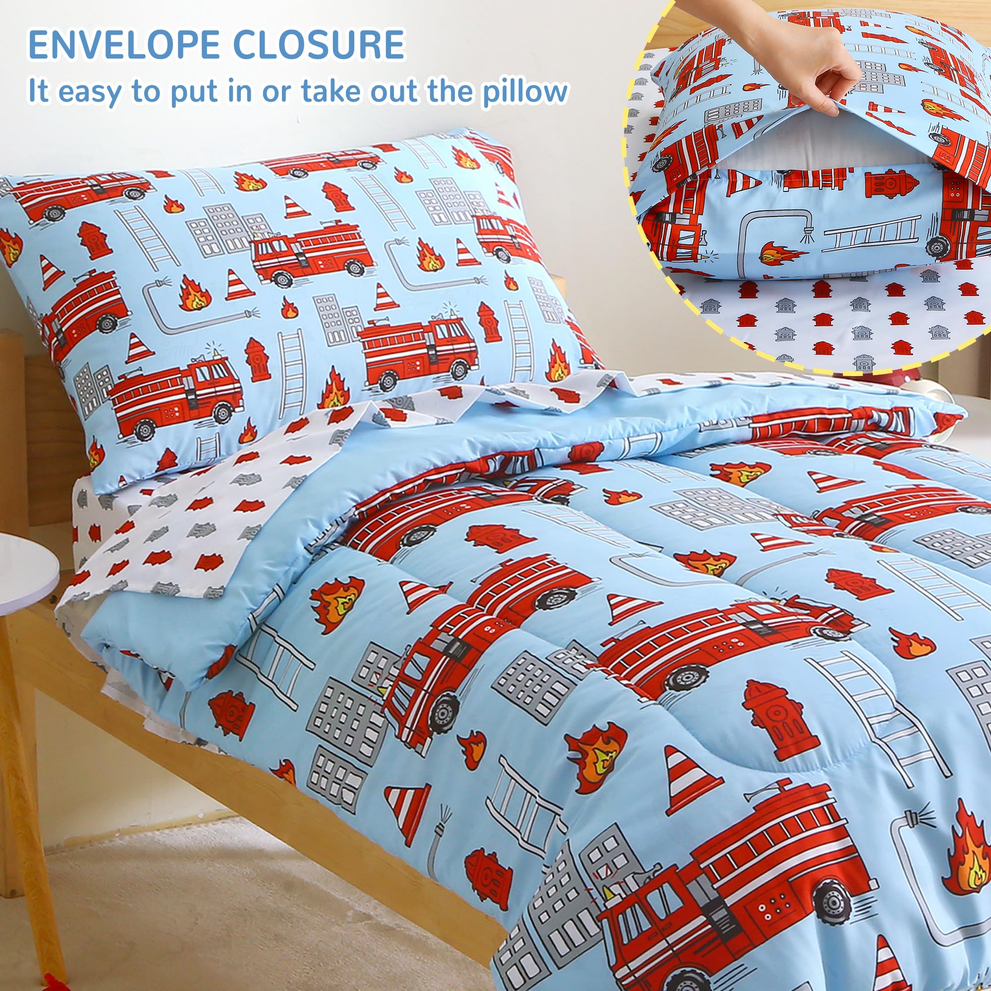 Blue Fire Truck Toddler Comforter Set– 4 Piece