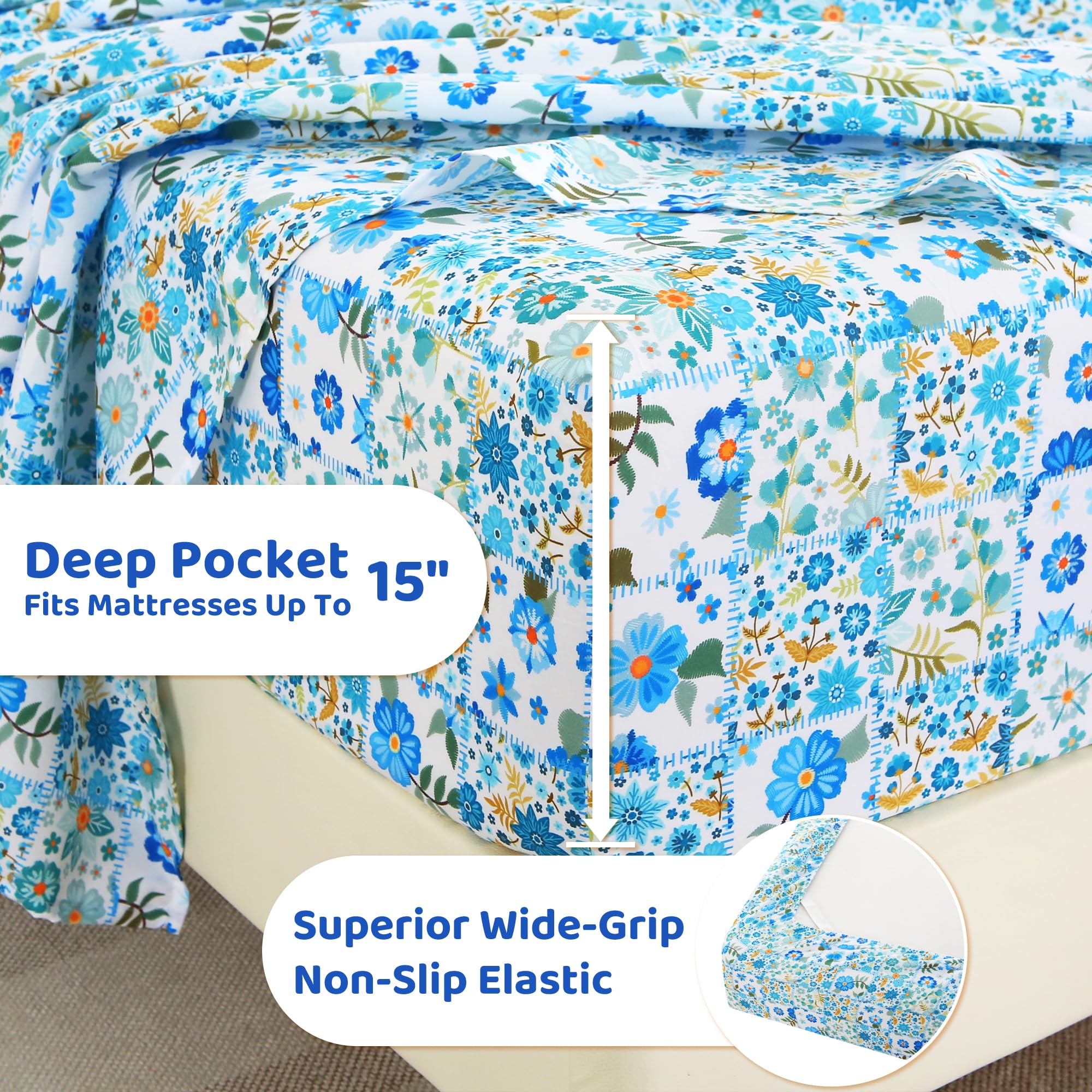 Blue Green Floral Patchwork Patterned Bed Sheets Set