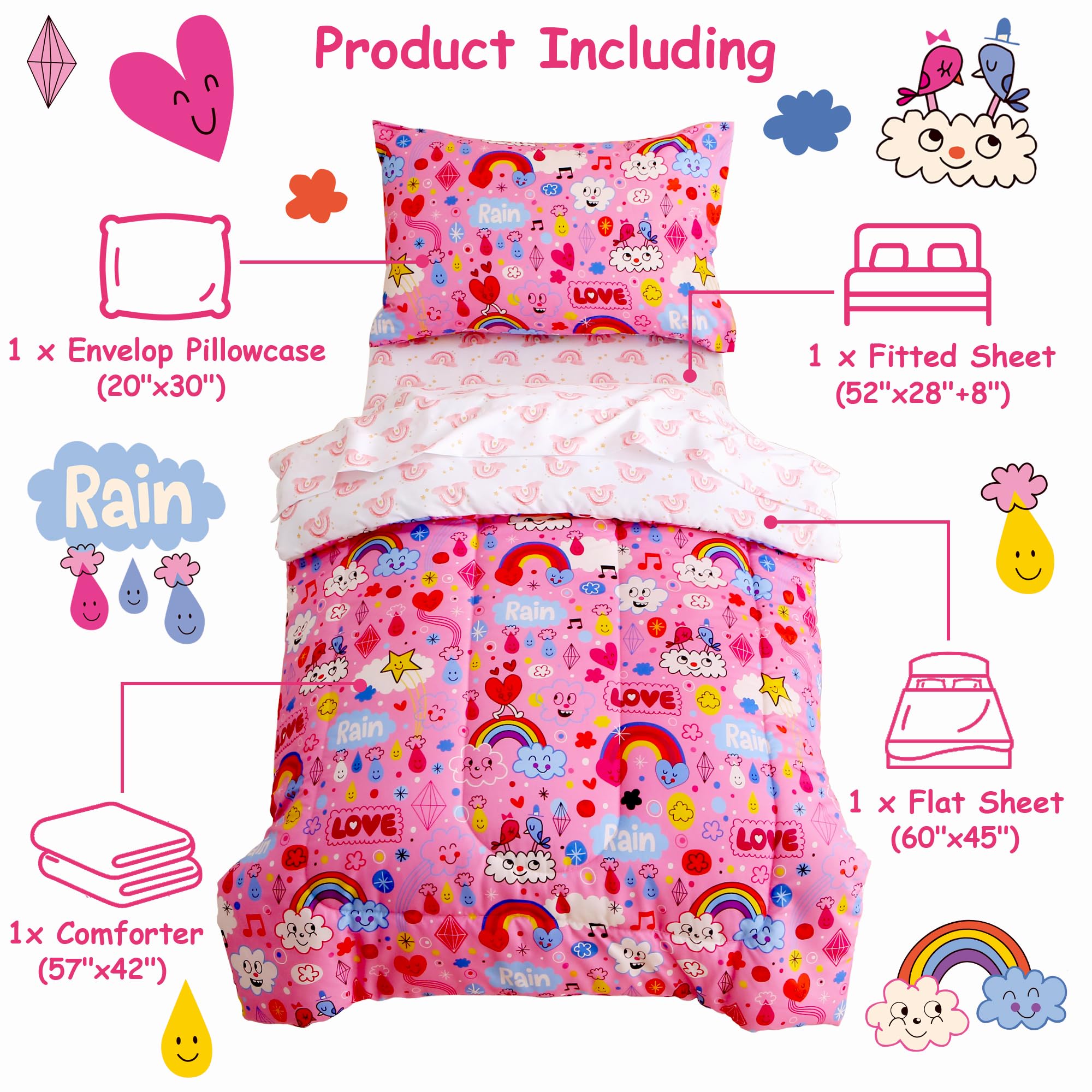 Pink Rainbow Cloud Toddler Comforter Set– 4 Piece
