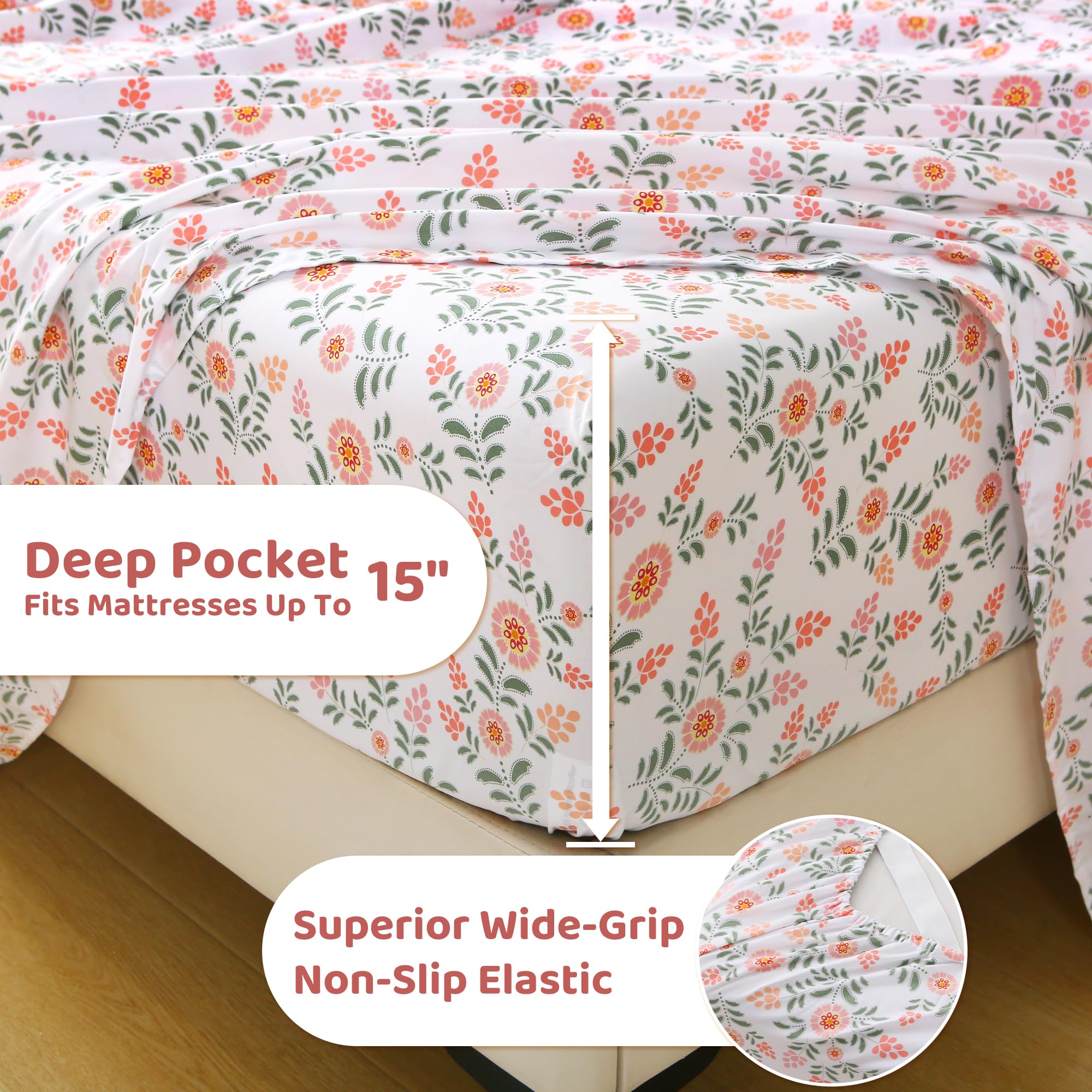 4 Piece Pink Round Flowers Green Leaves Patterned Bed Sheets Set