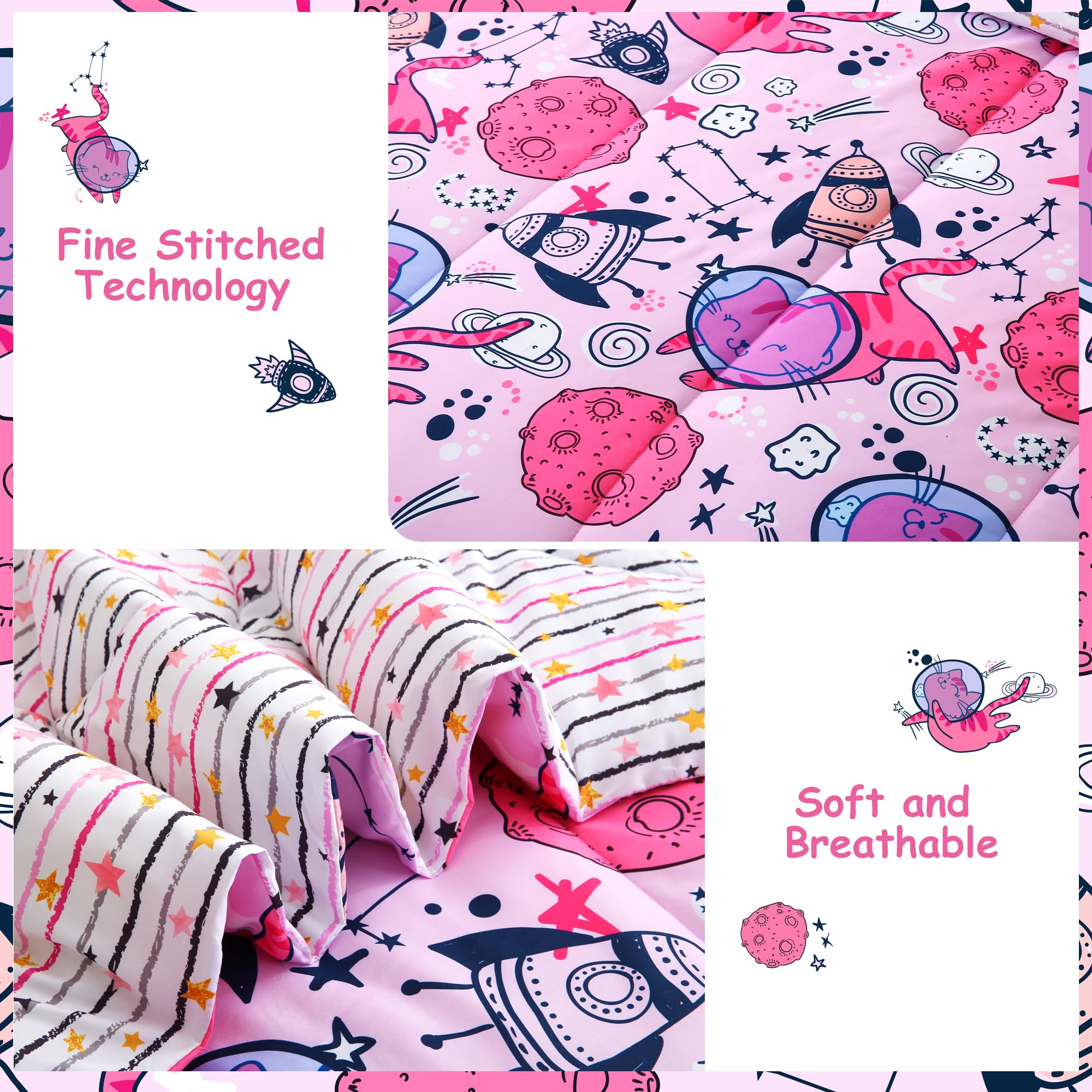 Pink Space Cat Comforter Sets for Kids– 6 or 8 Piece Options