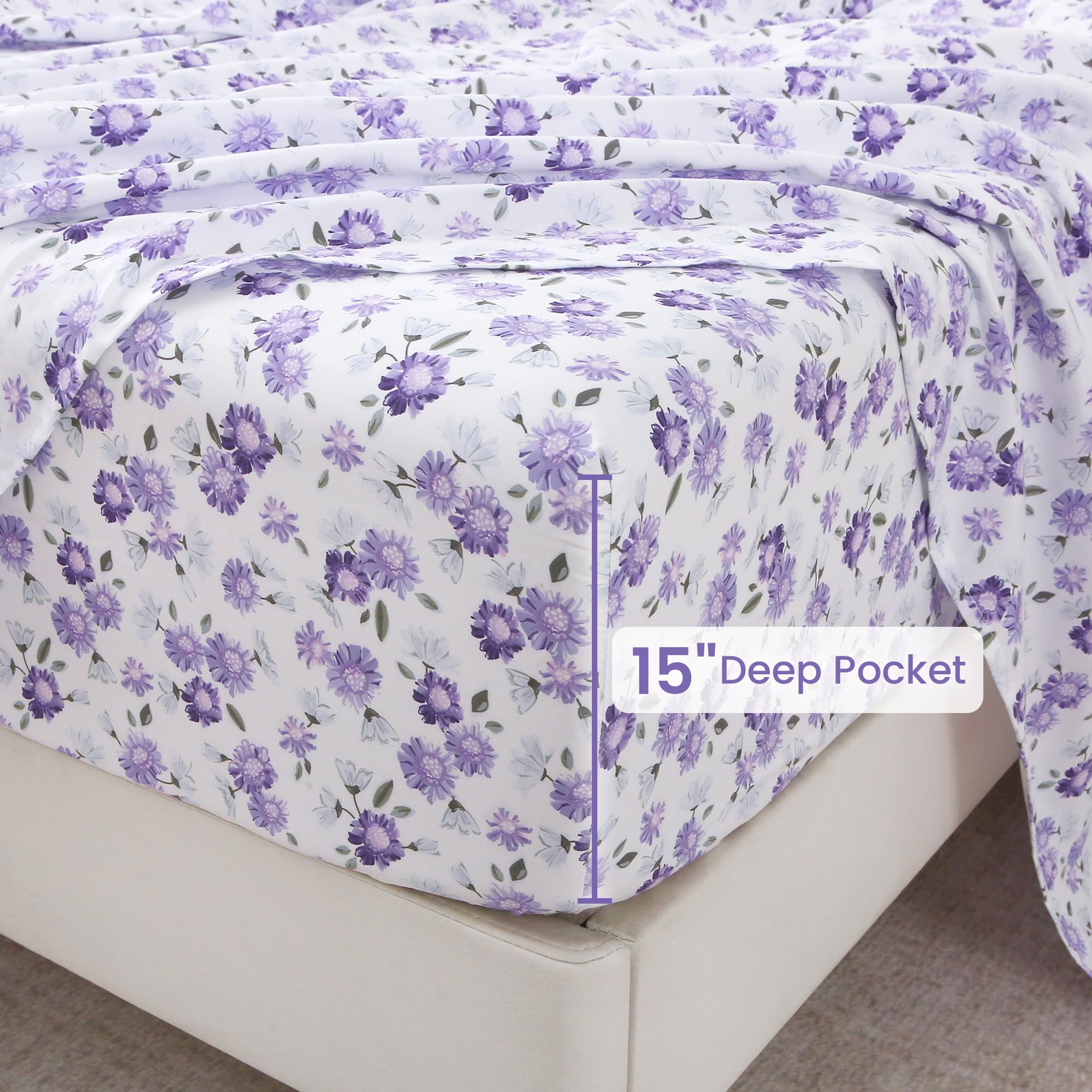 4 Piece Vintage Purple and White Flower Patterned Bed Sheets Set