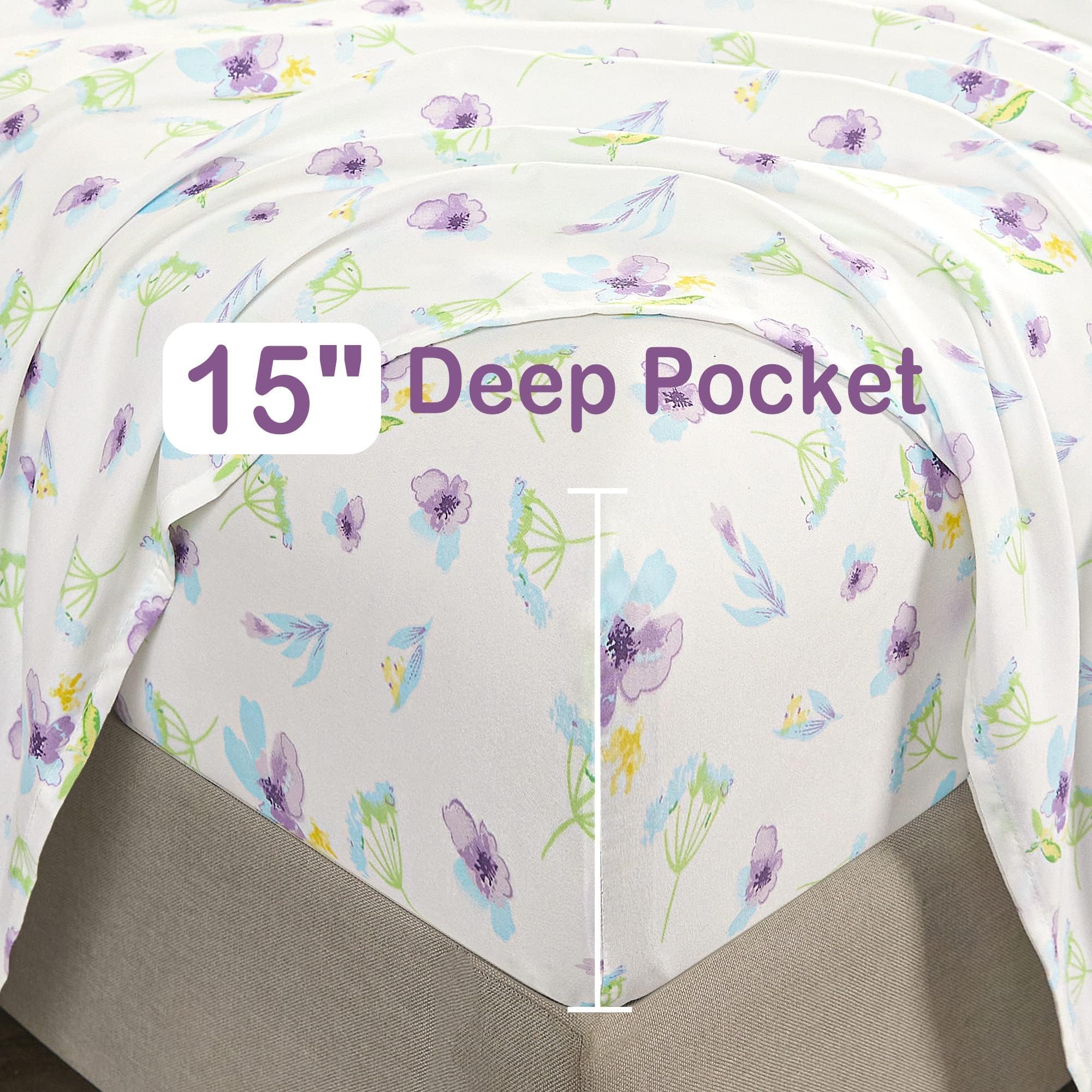 4 Piece Vintage Blue Dandelion Patterned Bed Sheets Set