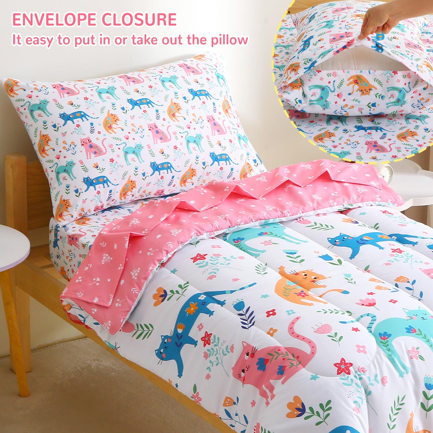 Floral Cat Toddler Comforter Set– 4 Piece