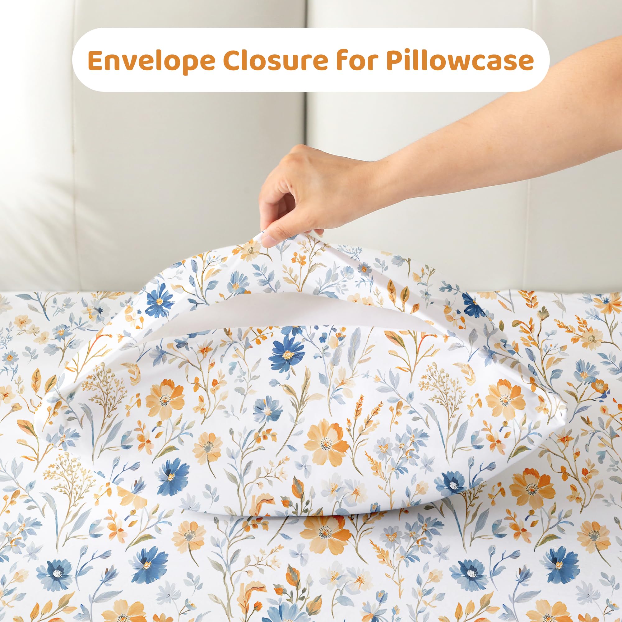 4 Piece Blue Yellow Flower Patterned Bed Sheets Set