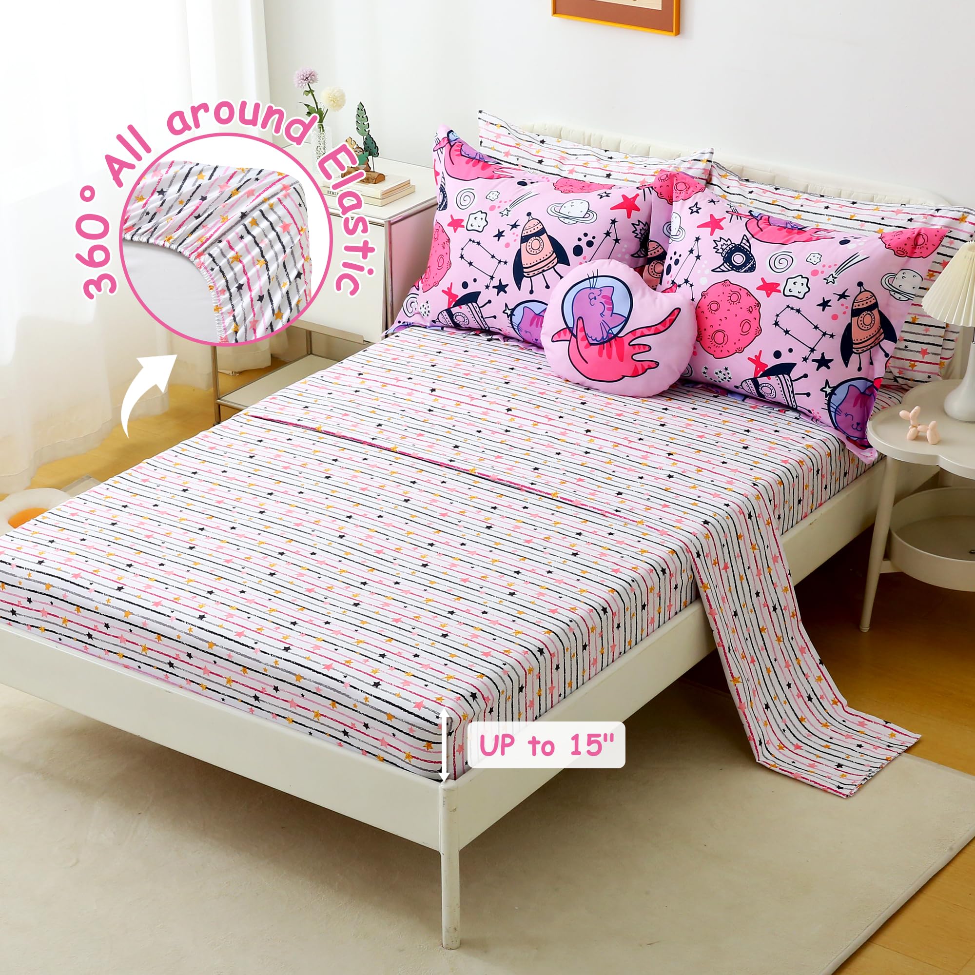 Pink Space Cat Comforter Sets for Kids– 6 or 8 Piece Options