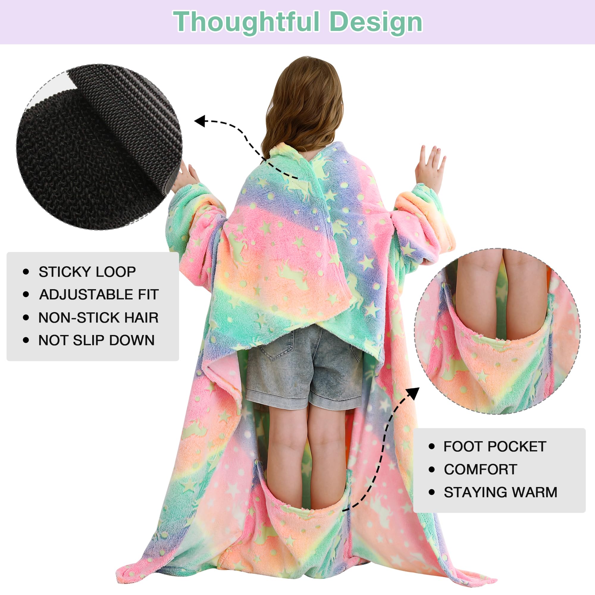 Colorful Unicorn Kids Wearable Fleece Blanket with Sleeves & Foot Pocket