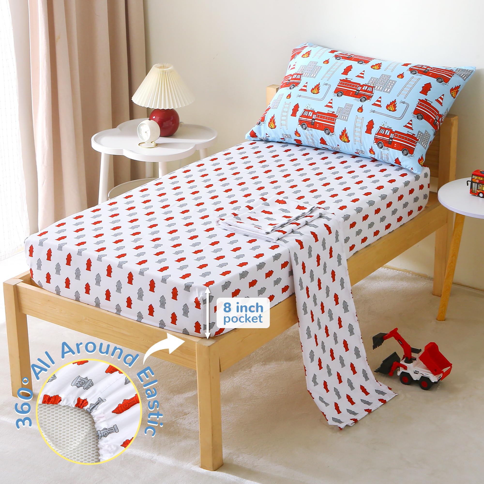 Blue Fire Truck Toddler Comforter Set– 4 Piece
