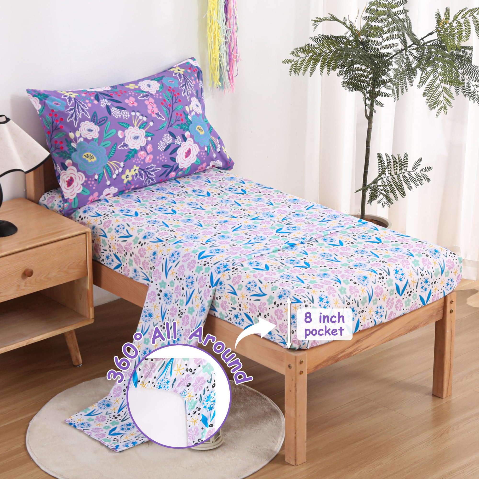 Purple Flower Toddler Comforter Set– 4 Piece