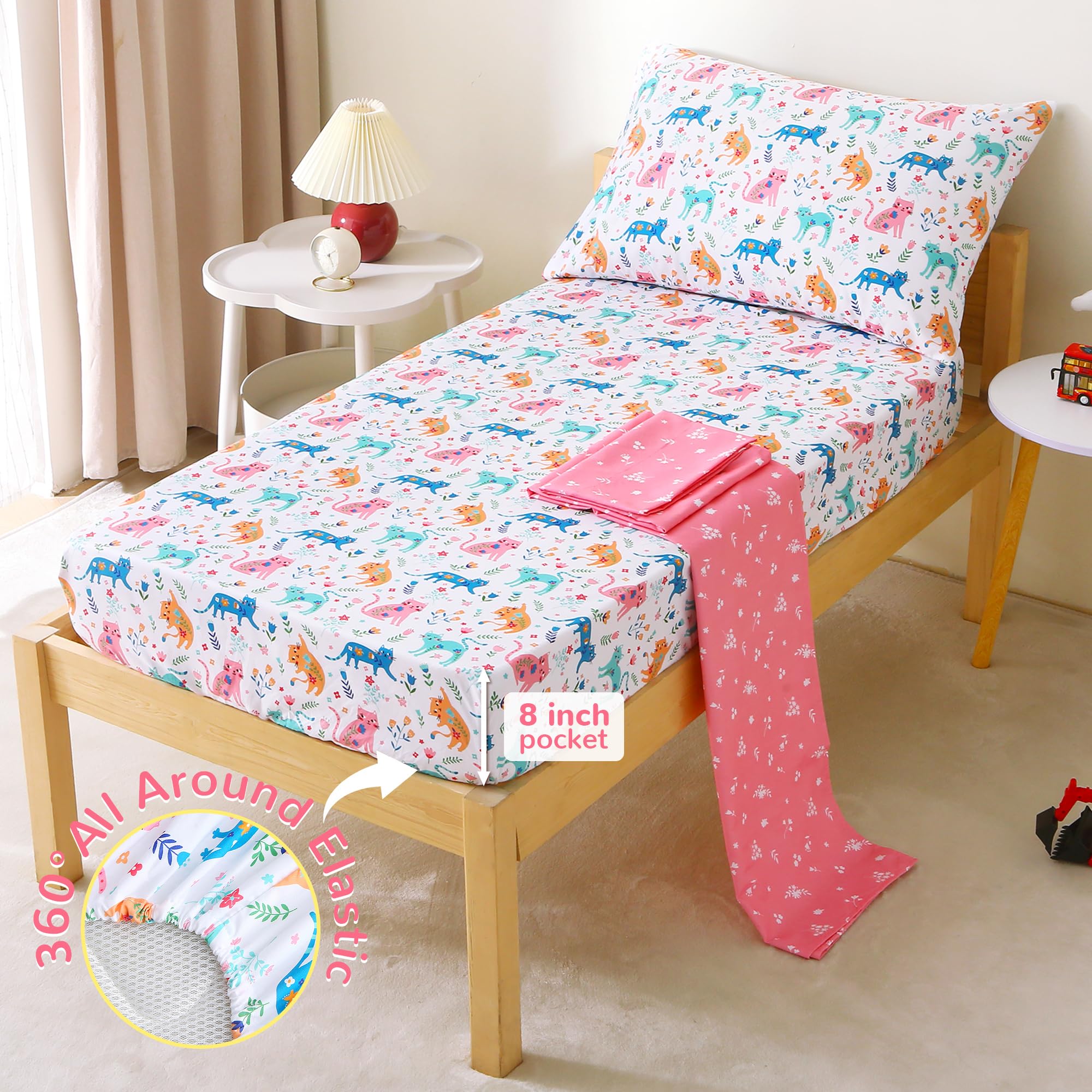 Floral Cat Toddler Comforter Set– 4 Piece
