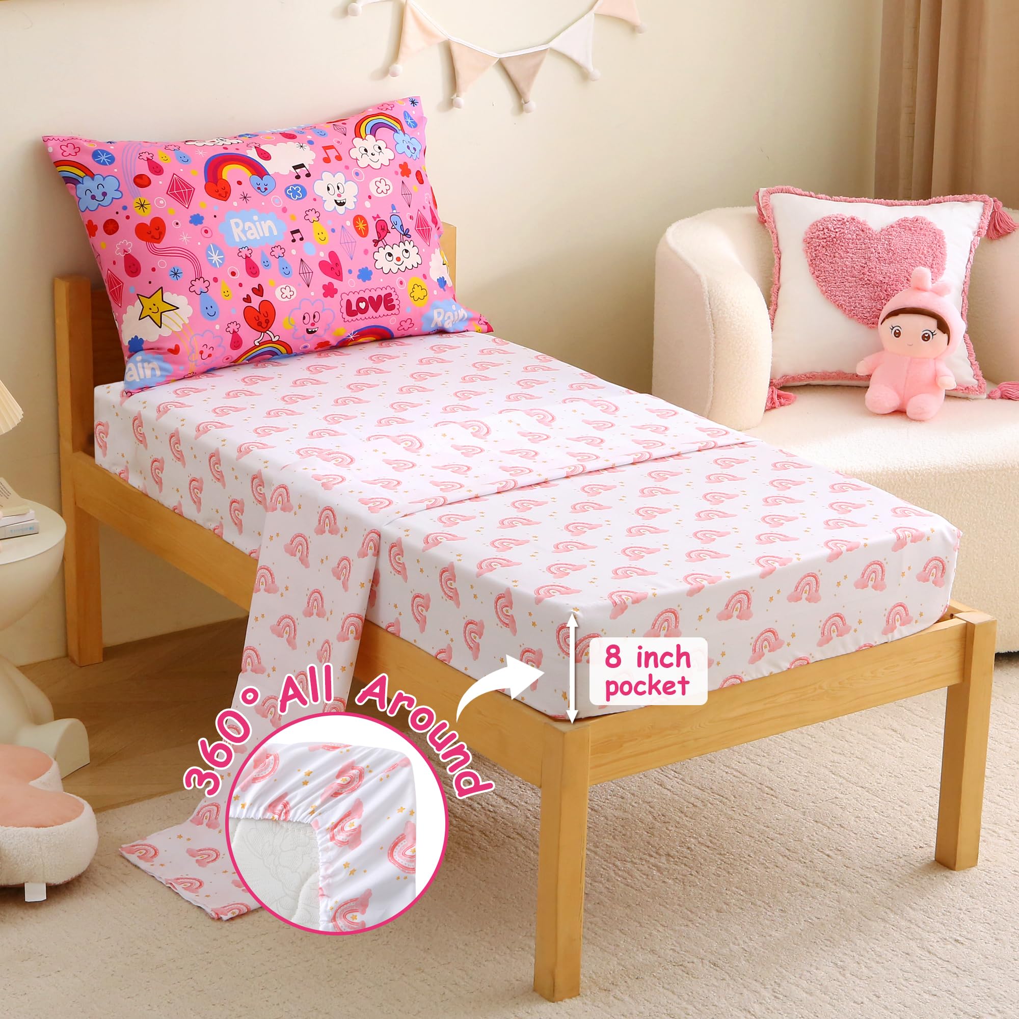 Pink Rainbow Cloud Toddler Comforter Set– 4 Piece