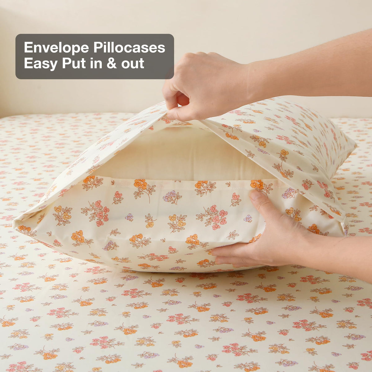 Warm Orange Pink Blossom Bed Sheet Set Deep Pocket Double Brushed Microfiber