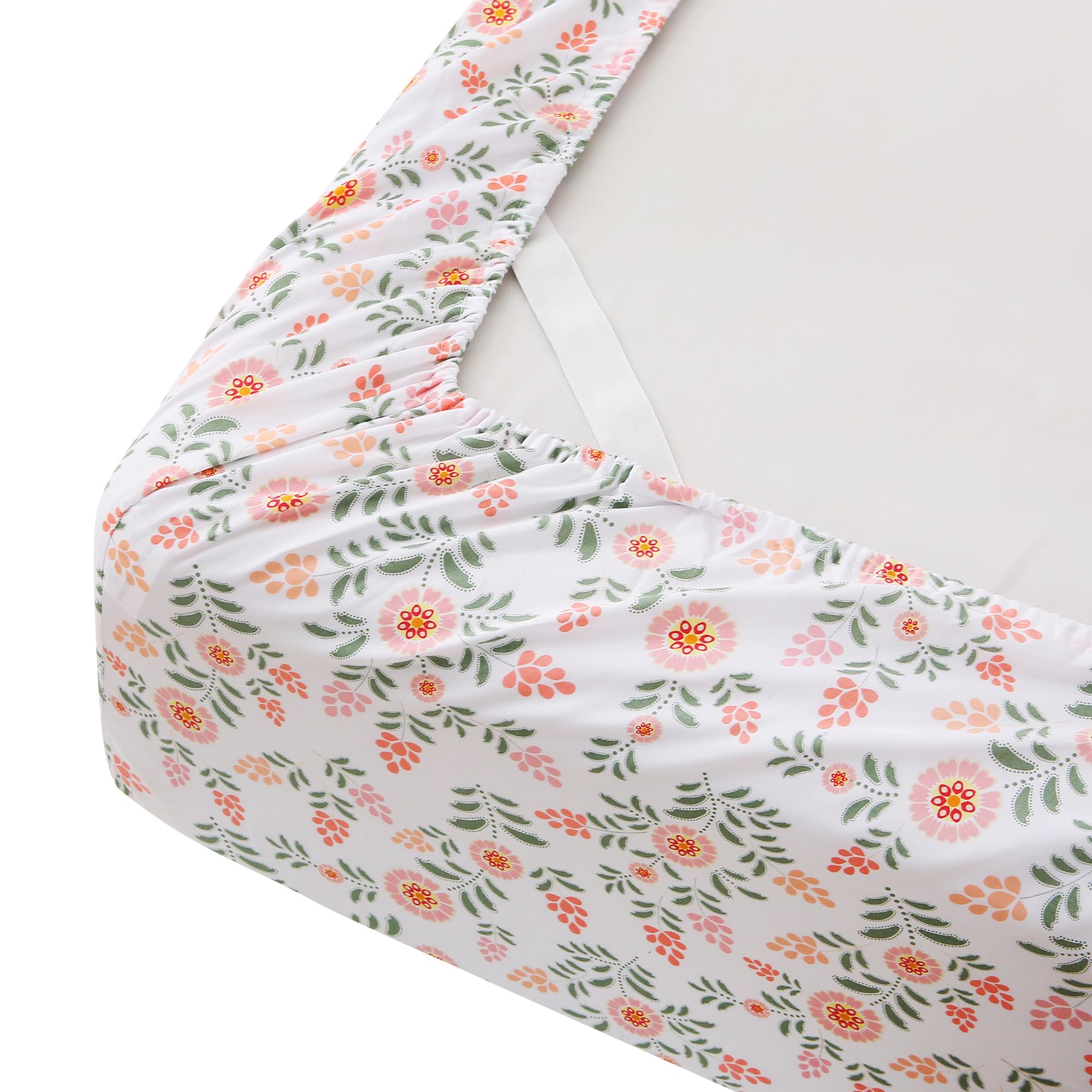 4 Piece Pink Round Flowers Green Leaves Patterned Bed Sheets Set