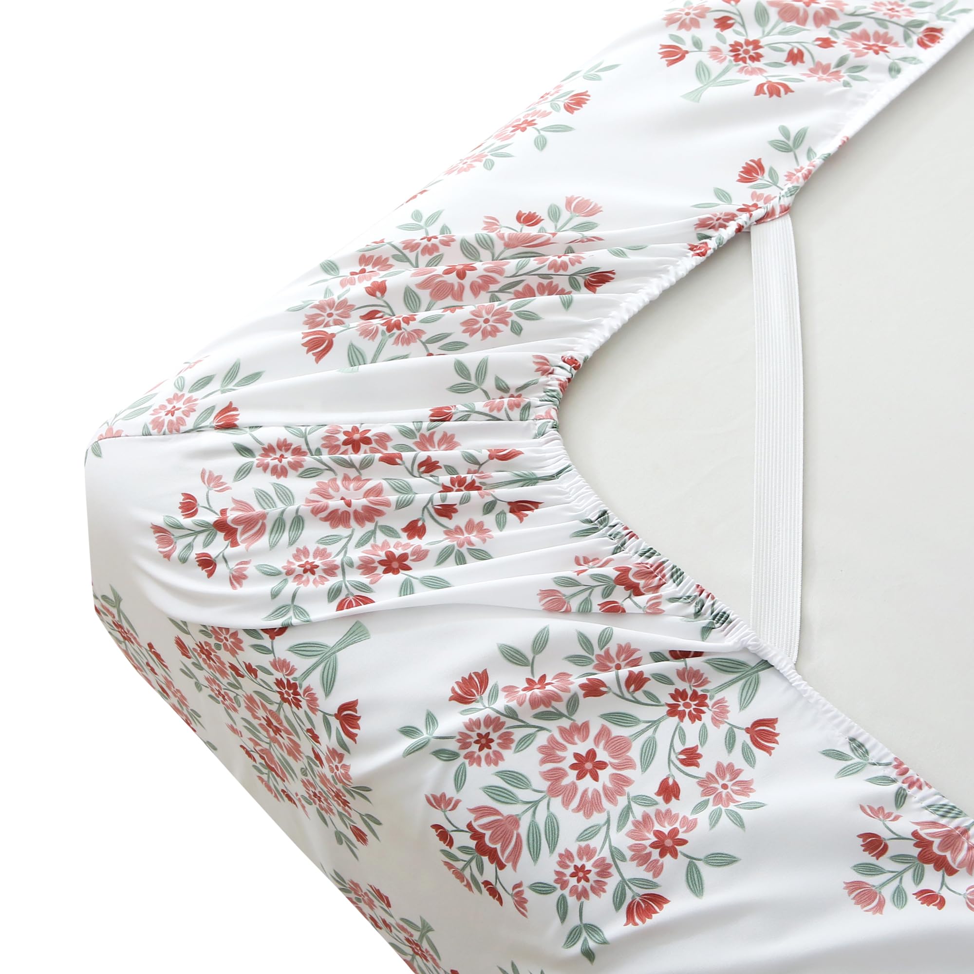 4 Piece Clusters of Red Flowers Green Leaves Patterned Bed Sheets Set