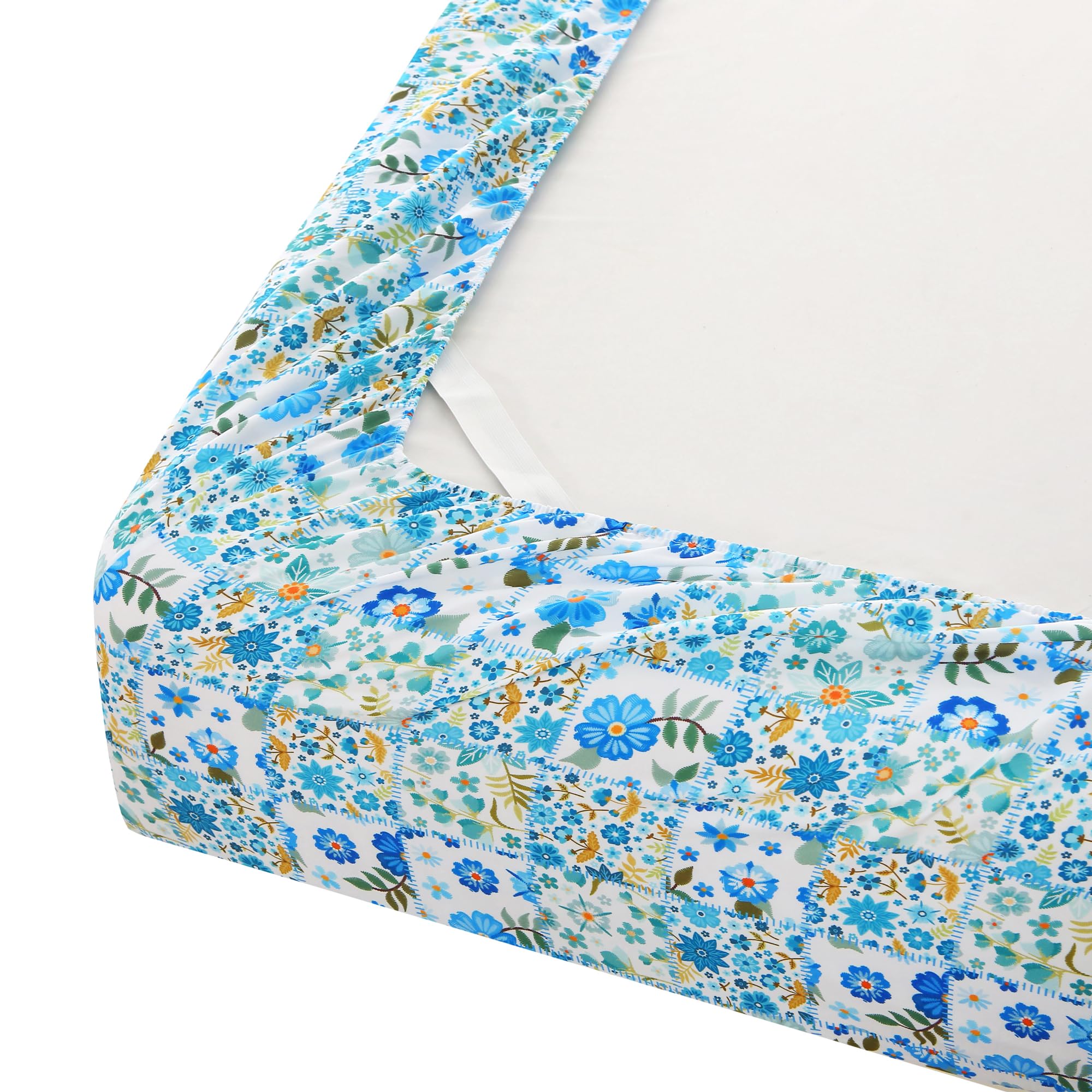 Blue Green Floral Patchwork Patterned Bed Sheets Set