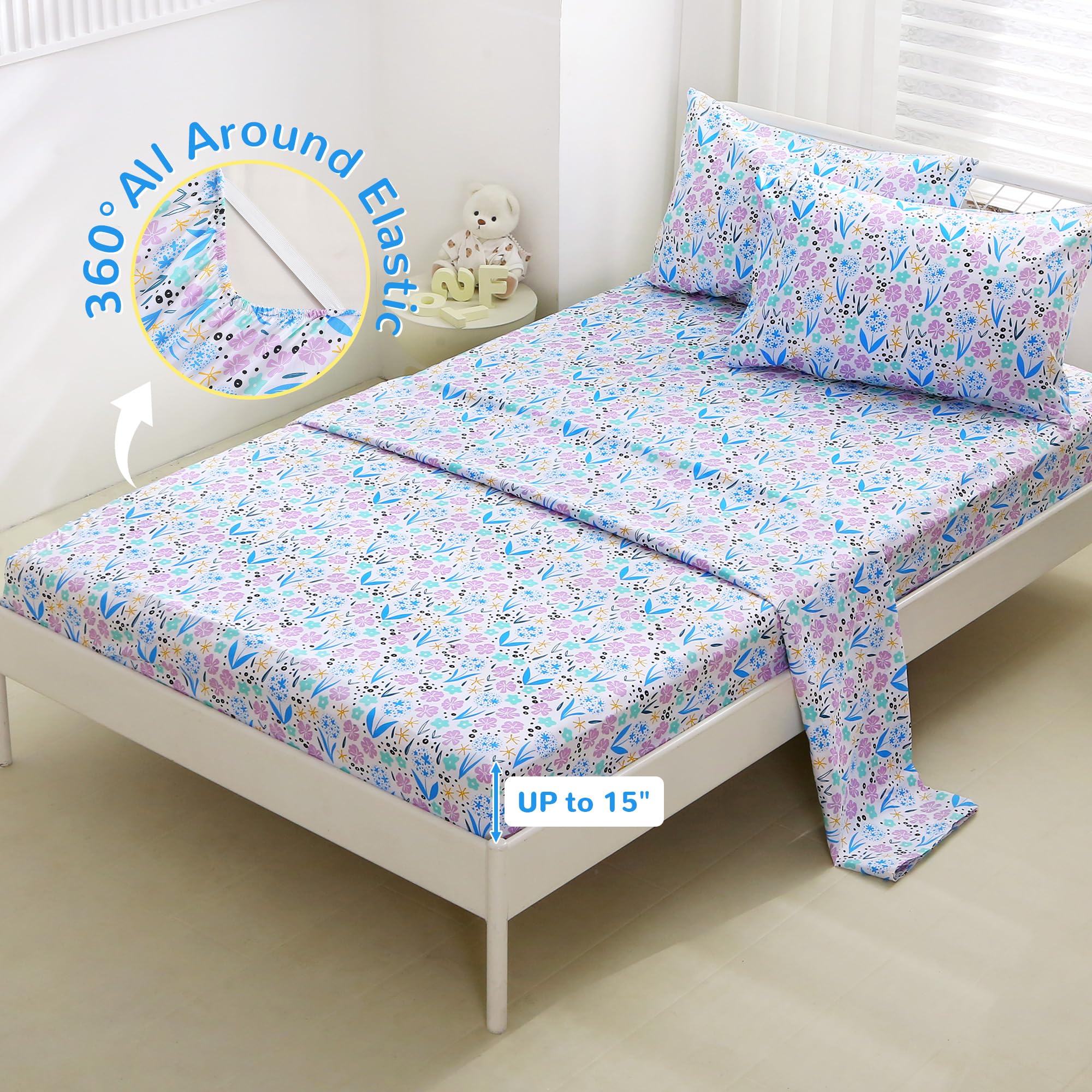 Purple Colorful Flower Kids Bed Sheet Set