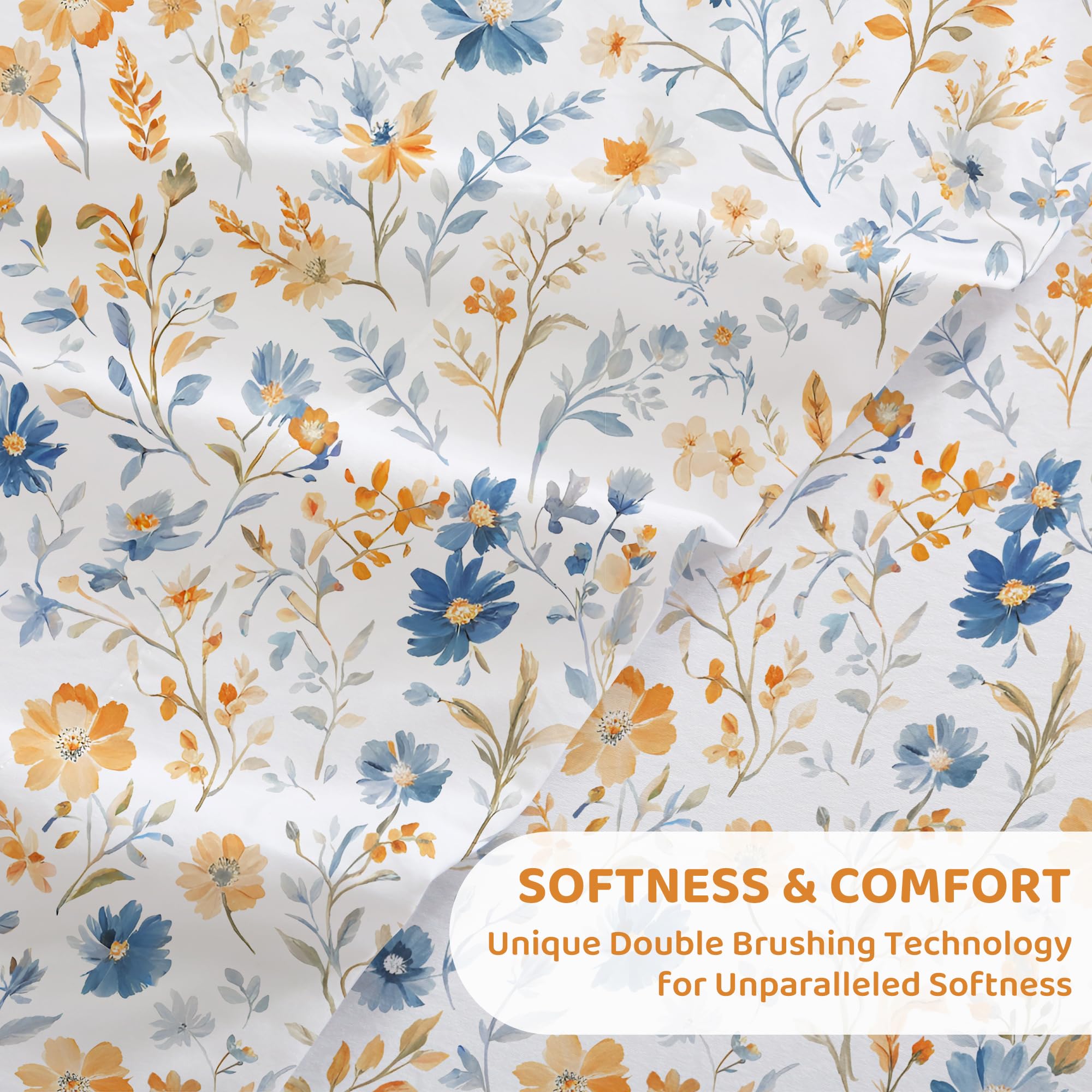 4 Piece Blue Yellow Flower Patterned Bed Sheets Set