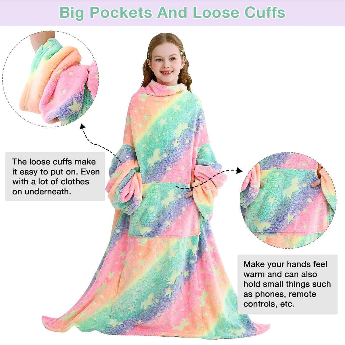 Colorful Unicorn Kids Wearable Fleece Blanket with Sleeves & Foot Pocket