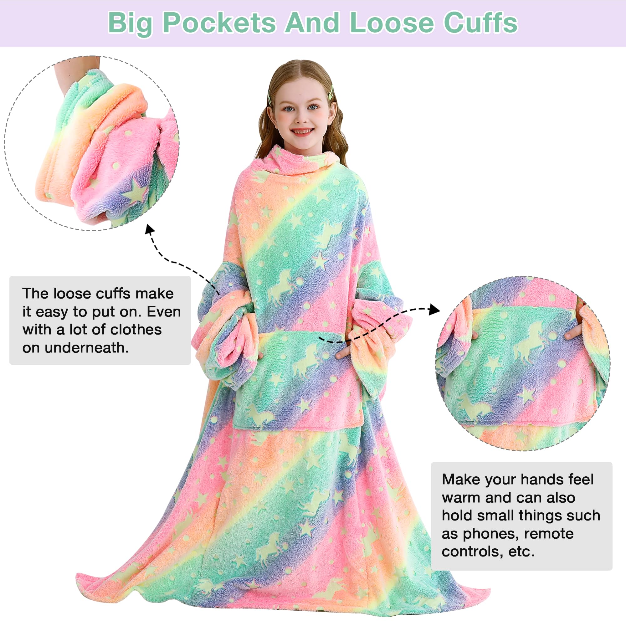 Colorful Unicorn Kids Wearable Fleece Blanket with Sleeves & Foot Pocket