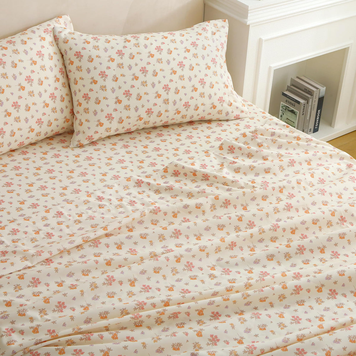 Warm Orange Pink Blossom Bed Sheet Set Deep Pocket Double Brushed Microfiber
