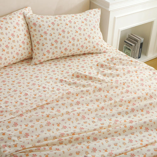Warm Orange Pink Blossom Bed Sheet Set Deep Pocket Double Brushed Microfiber