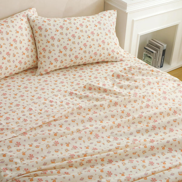 Warm Orange Pink Blossom Bed Sheet Set Deep Pocket Double Brushed Microfiber