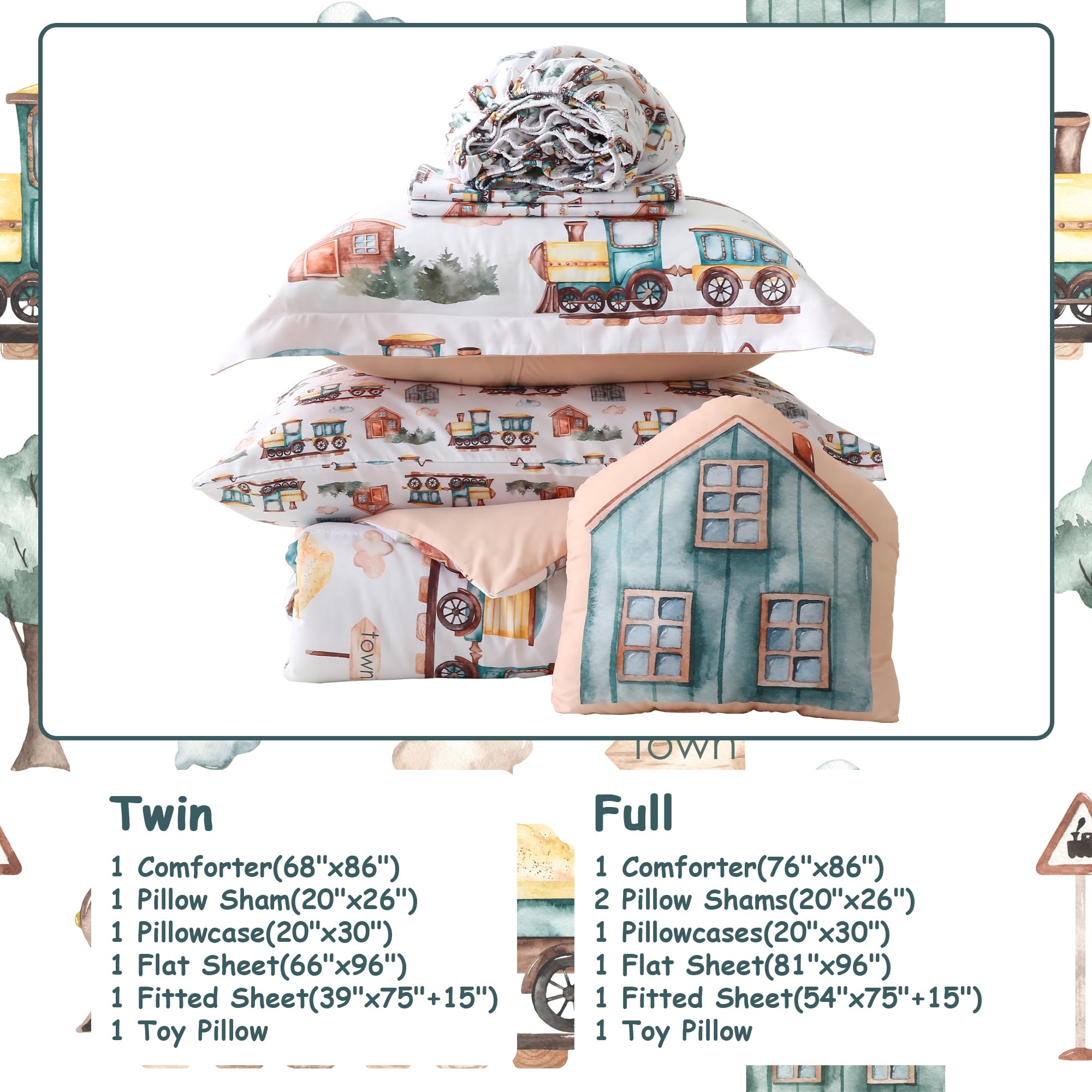 Country Train Town Comforter Sets for Kids– 6 or 8 Piece Options